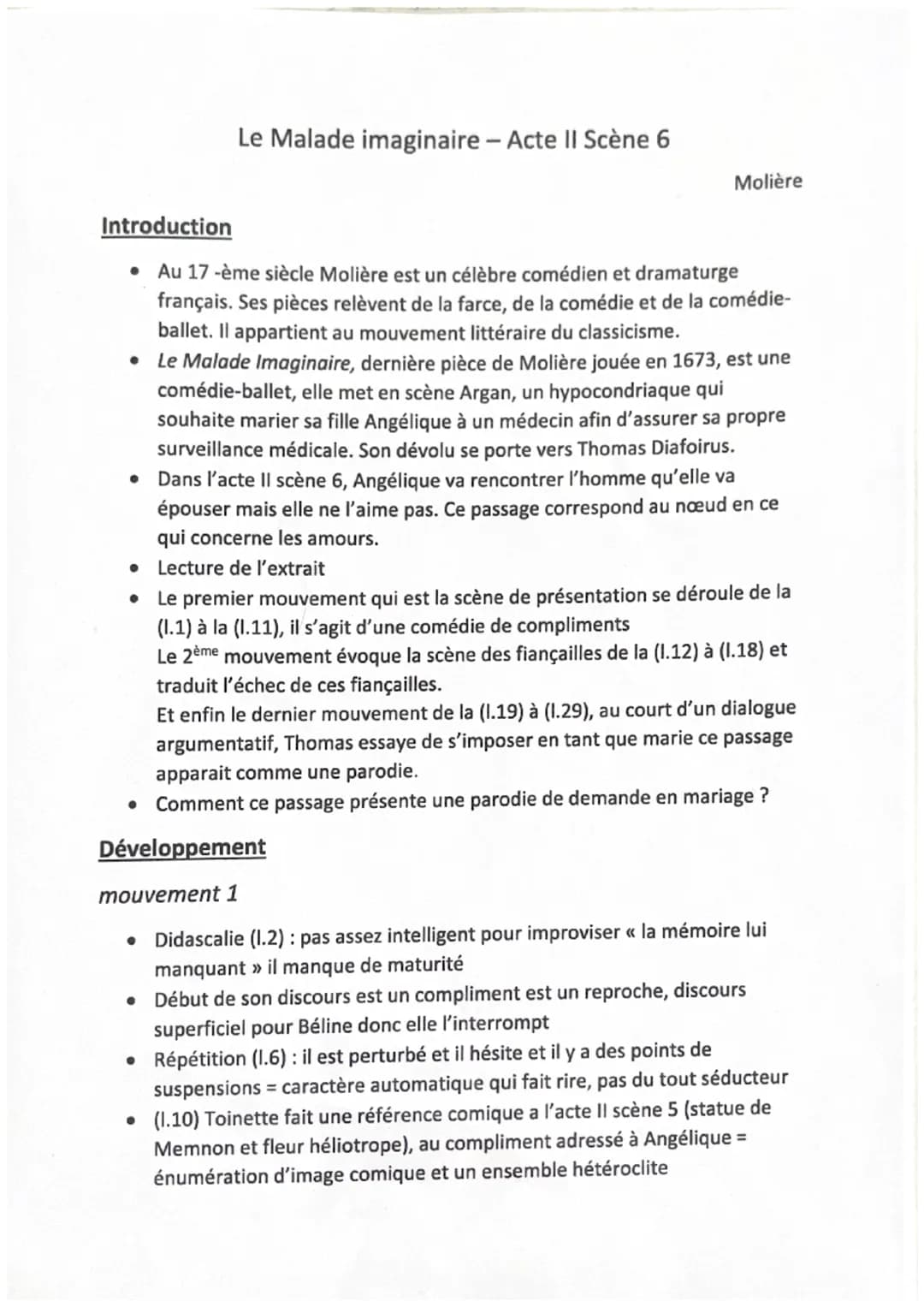 Le Malade imaginaire - Acte II Scène 6
Molière
Introduction
• Au 17 -ème siècle Molière est un célèbre comédien et dramaturge
français. Ses 