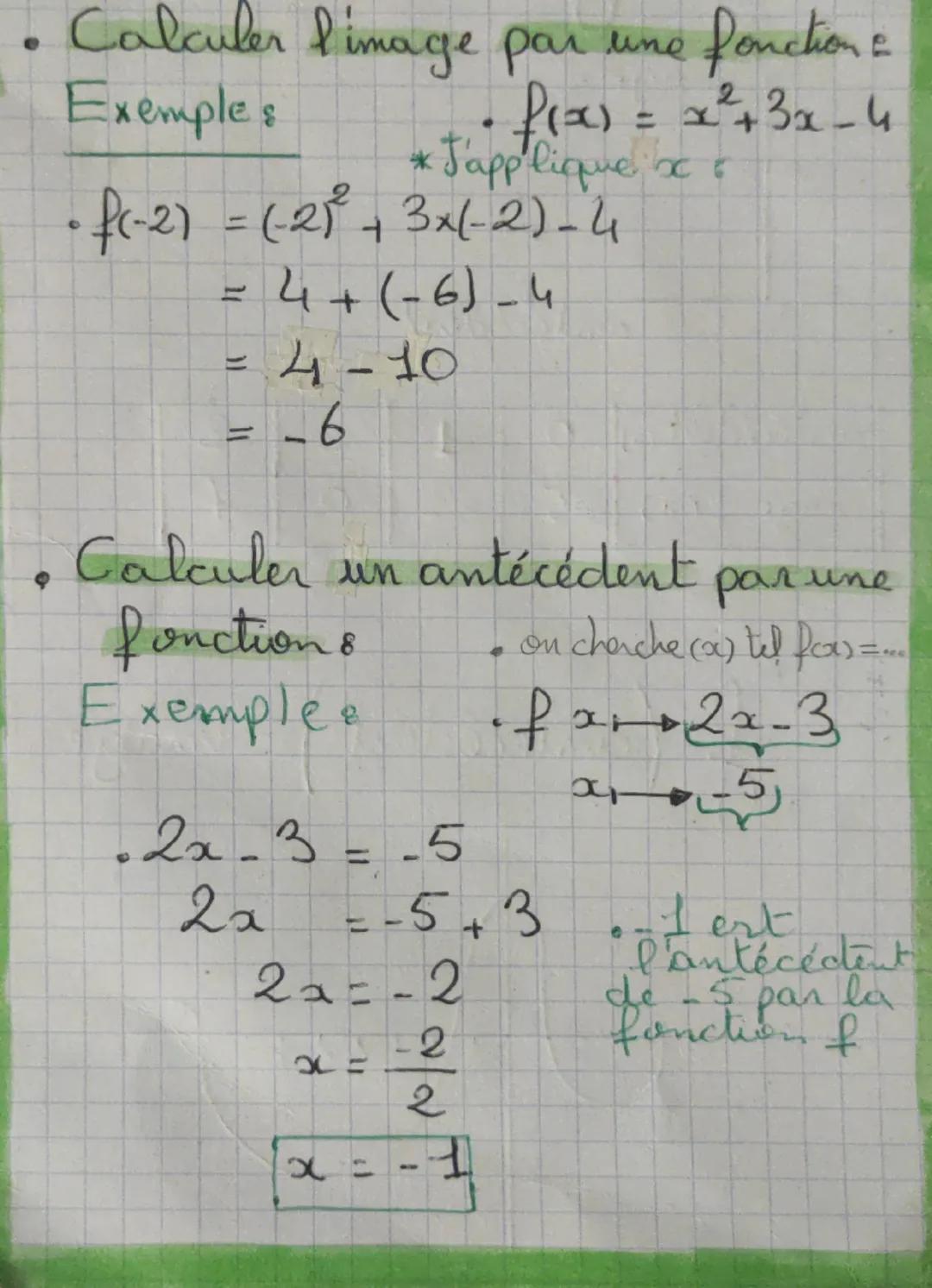 Calculer l'image par une fonction:
Exemples
*
f(x) = x²+3x-4
J'applique xe
-f(-2) = (-2)² + 3x (-2)-4
= 4+ (-6)-4
= 4-10
=-6
Calculer un ant