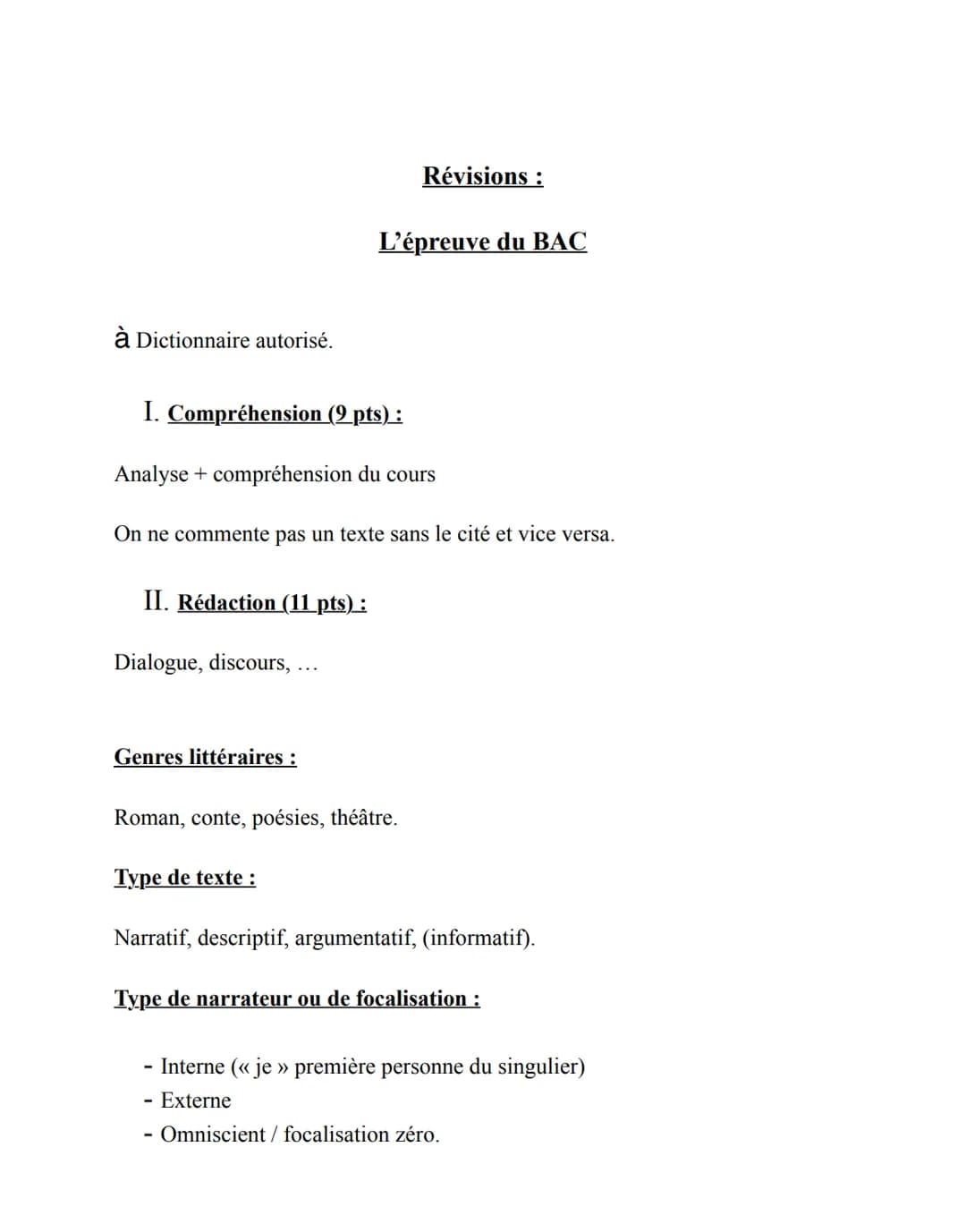 à Dictionnaire autorisé.
II. Rédaction (11 pts):
I. Compréhension (9 pts):
Analyse + compréhension du cours
On ne commente pas un texte sans