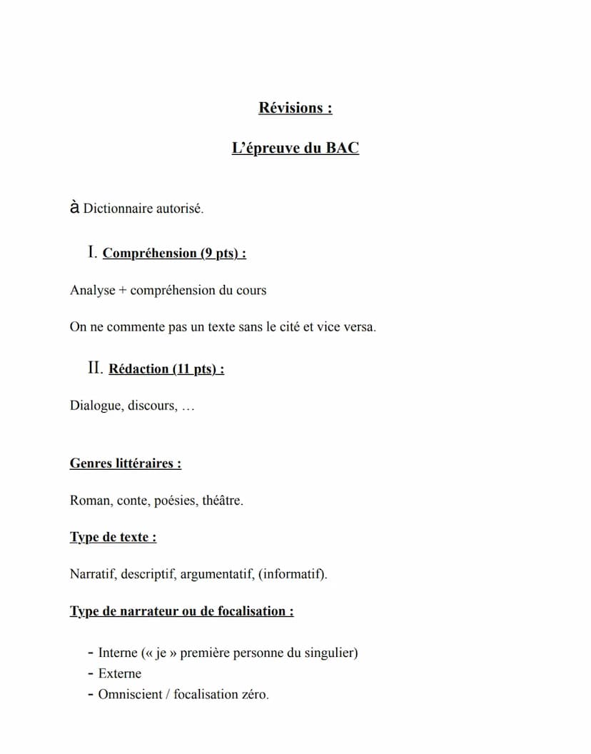 à Dictionnaire autorisé.
II. Rédaction (11 pts):
I. Compréhension (9 pts):
Analyse + compréhension du cours
On ne commente pas un texte sans