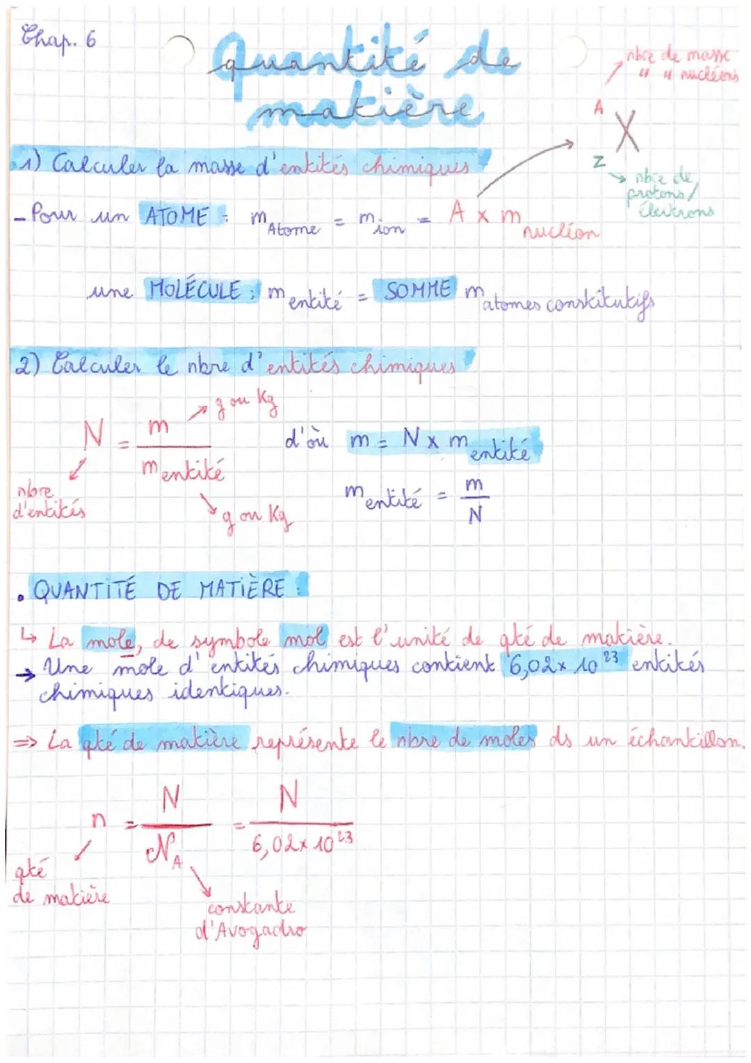 Chap. 6
# Quantité de
## makière
1) Calculer la masse d'entités chimiques
-Pour un ATOME M
$Atome$ = $mion$ = $A x m_{nuclion}$
une MOLECULE