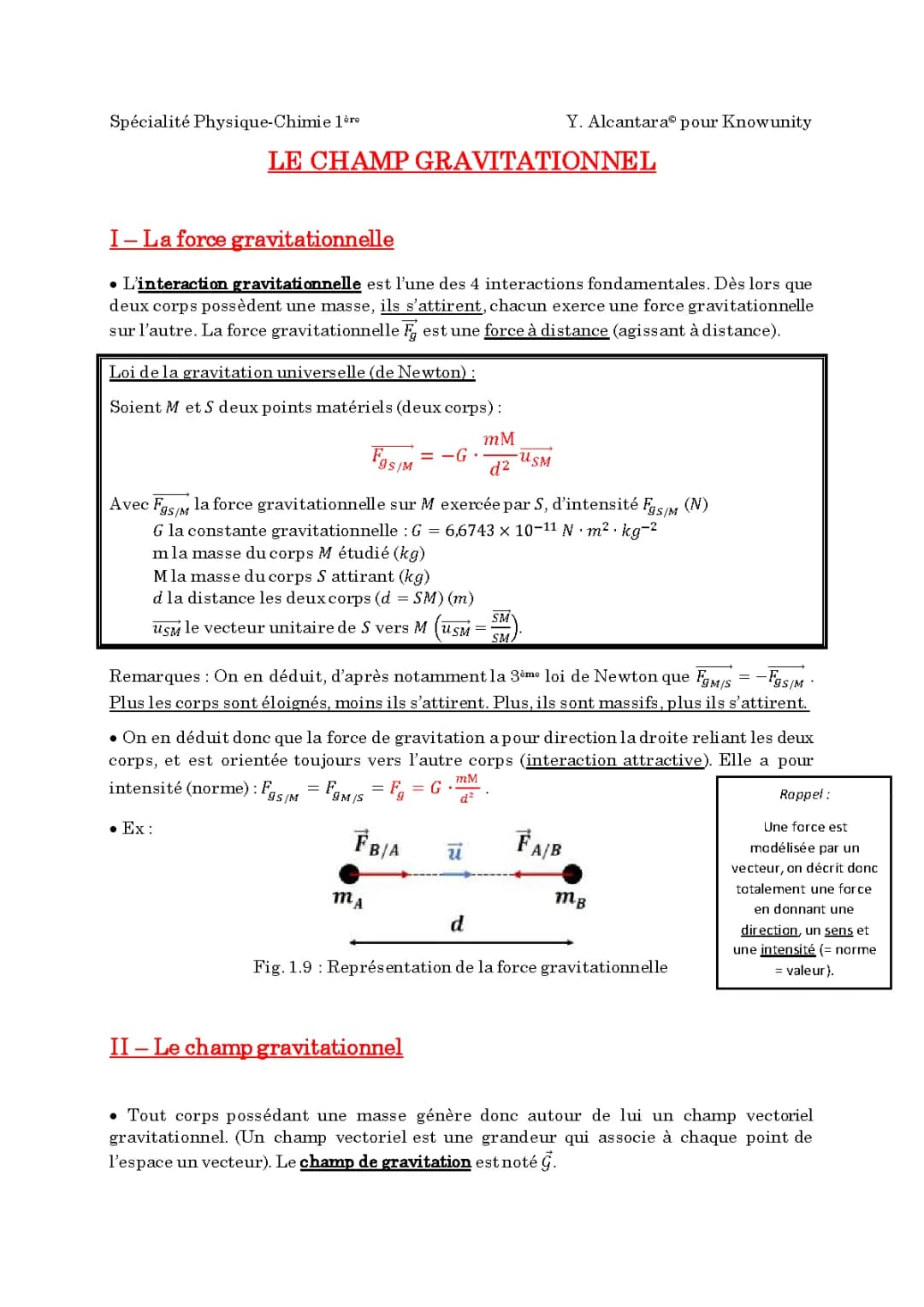 Introduction au Champ Gravitationnel - Cours et Exercices 1ère