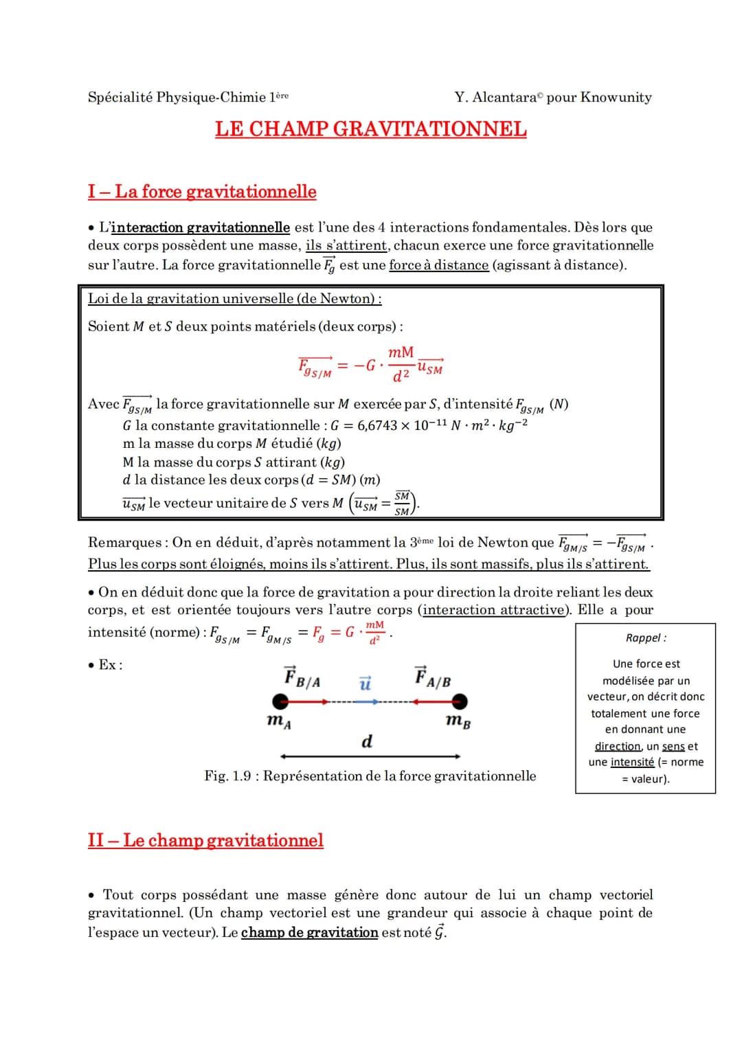 Spécialité Physique-Chimie 1ère
LE CHAMP GRAVITATIONNEL
I- La force gravitationnelle
• L'interaction gravitationnelle est l'une des 4 intera