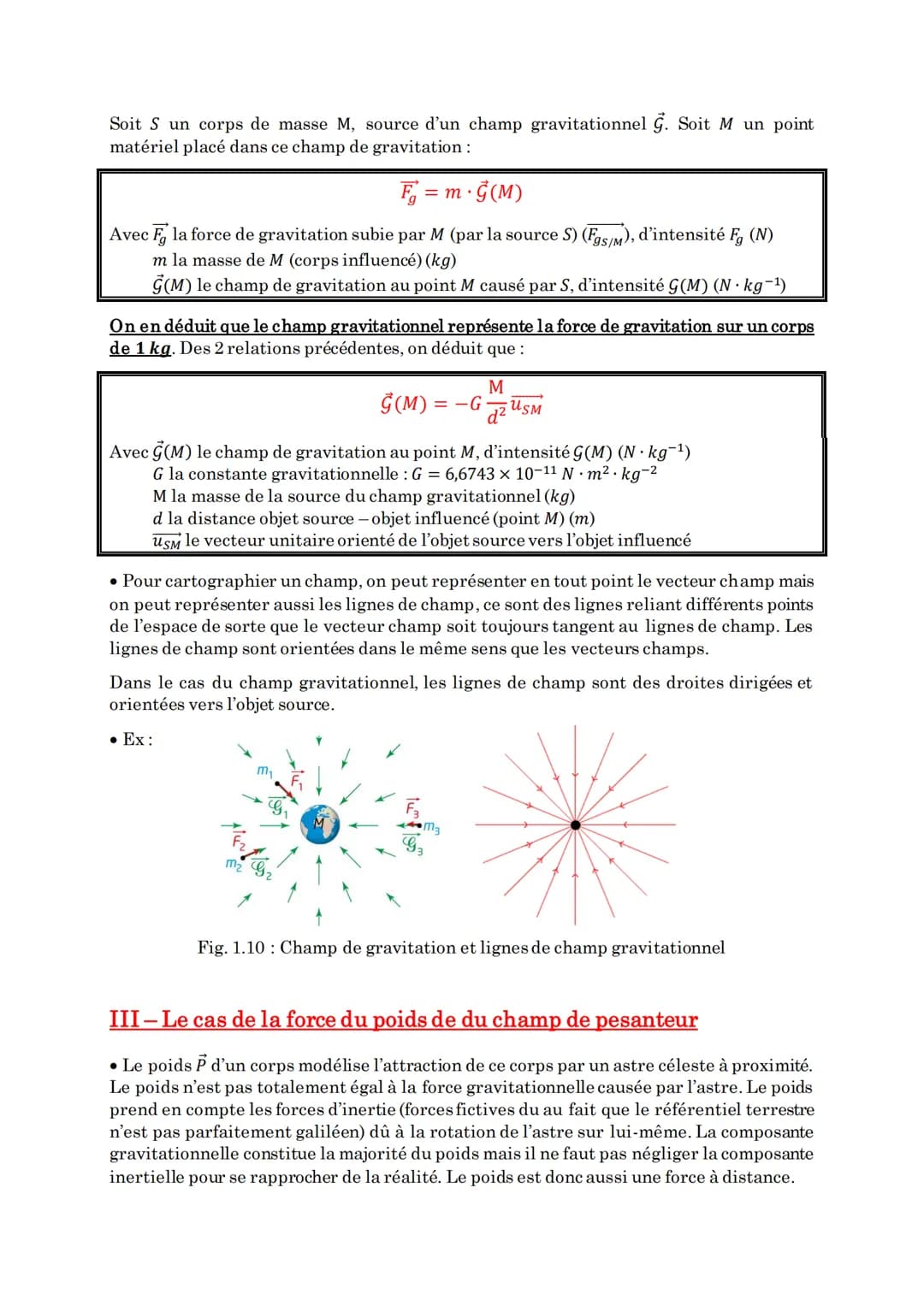 Spécialité Physique-Chimie 1ère
LE CHAMP GRAVITATIONNEL
I- La force gravitationnelle
• L'interaction gravitationnelle est l'une des 4 intera