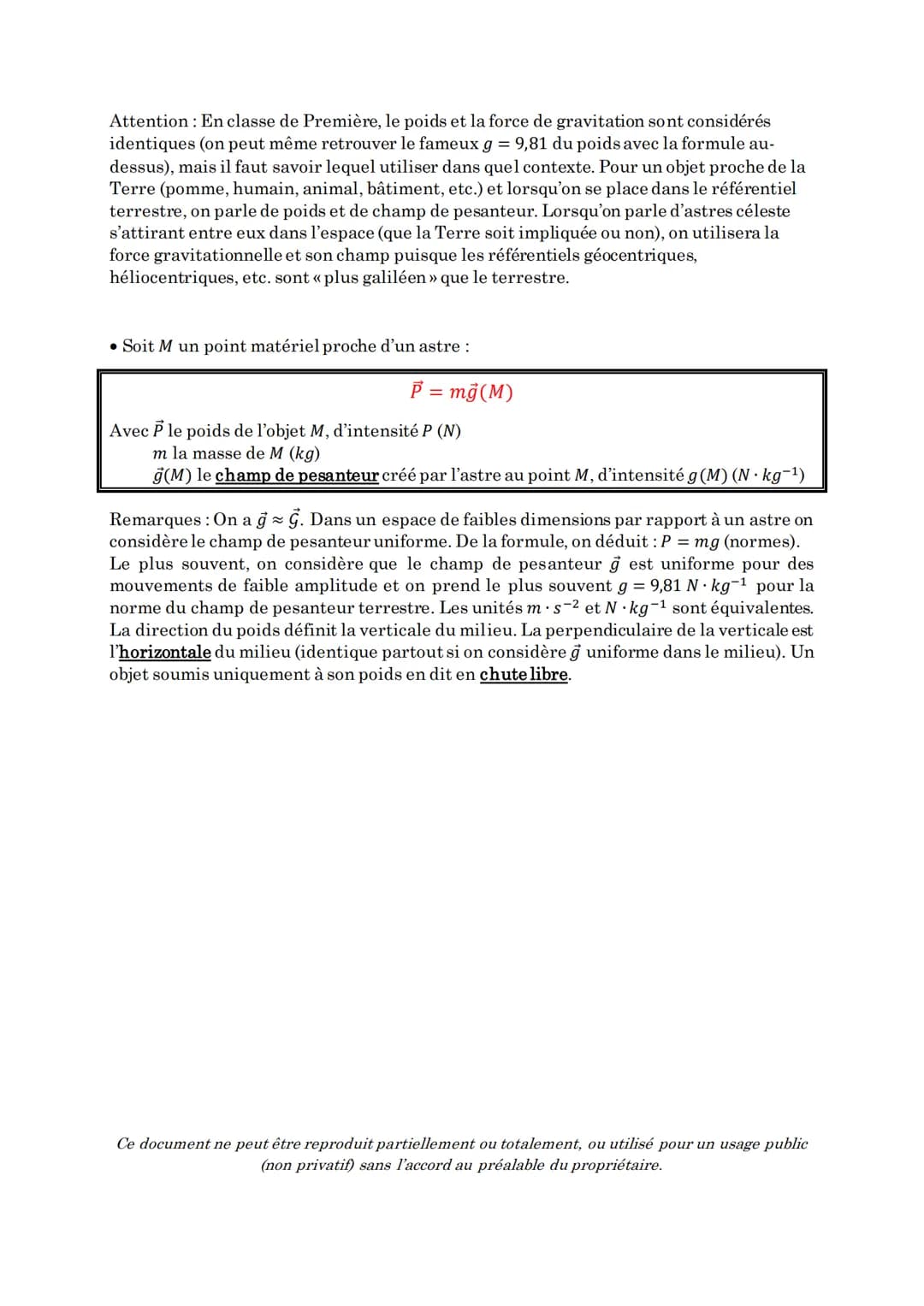 Spécialité Physique-Chimie 1ère
LE CHAMP GRAVITATIONNEL
I- La force gravitationnelle
• L'interaction gravitationnelle est l'une des 4 intera