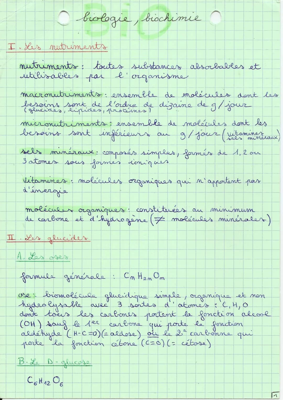 biologie, biochimie
I. Les nutriments
nutriments: toutes substances absorbables et
utilisables par
l'organisme
macronutriments:
besoins sont