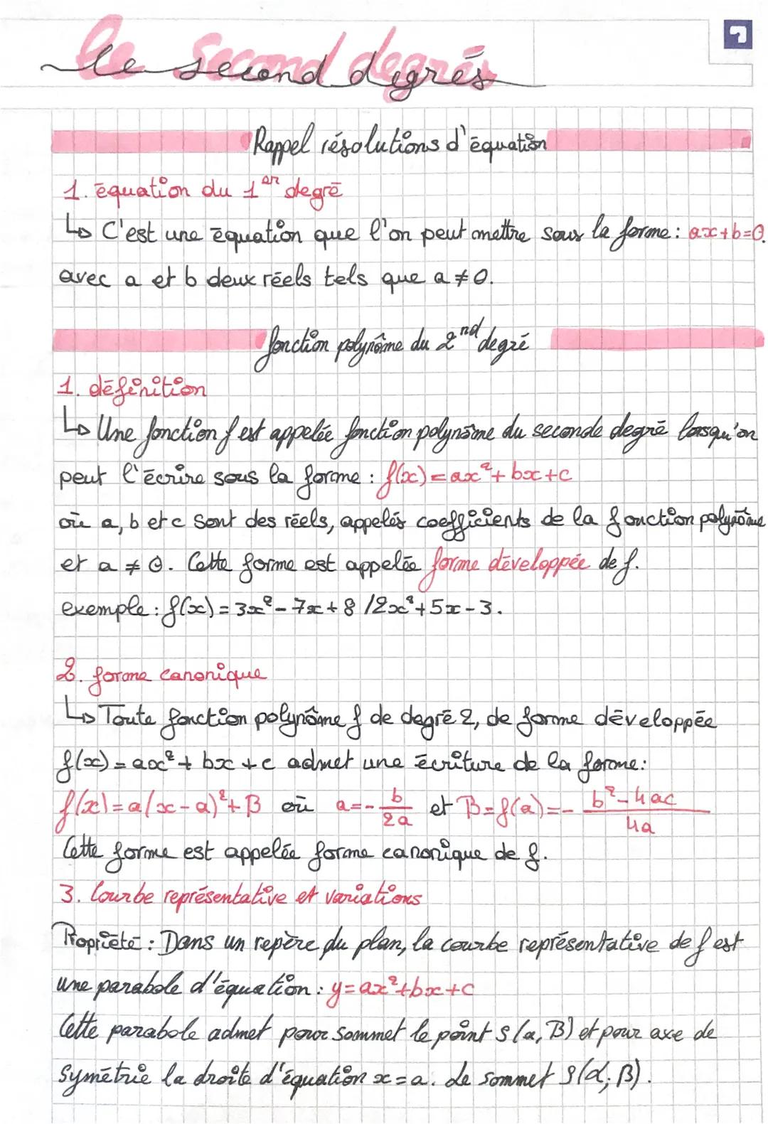 # le second degrés

Rappel résolutions d'équation

1. equation du 1er degré

Lo C'est une équation que l'on peut mettre sous la forme: $ax+b