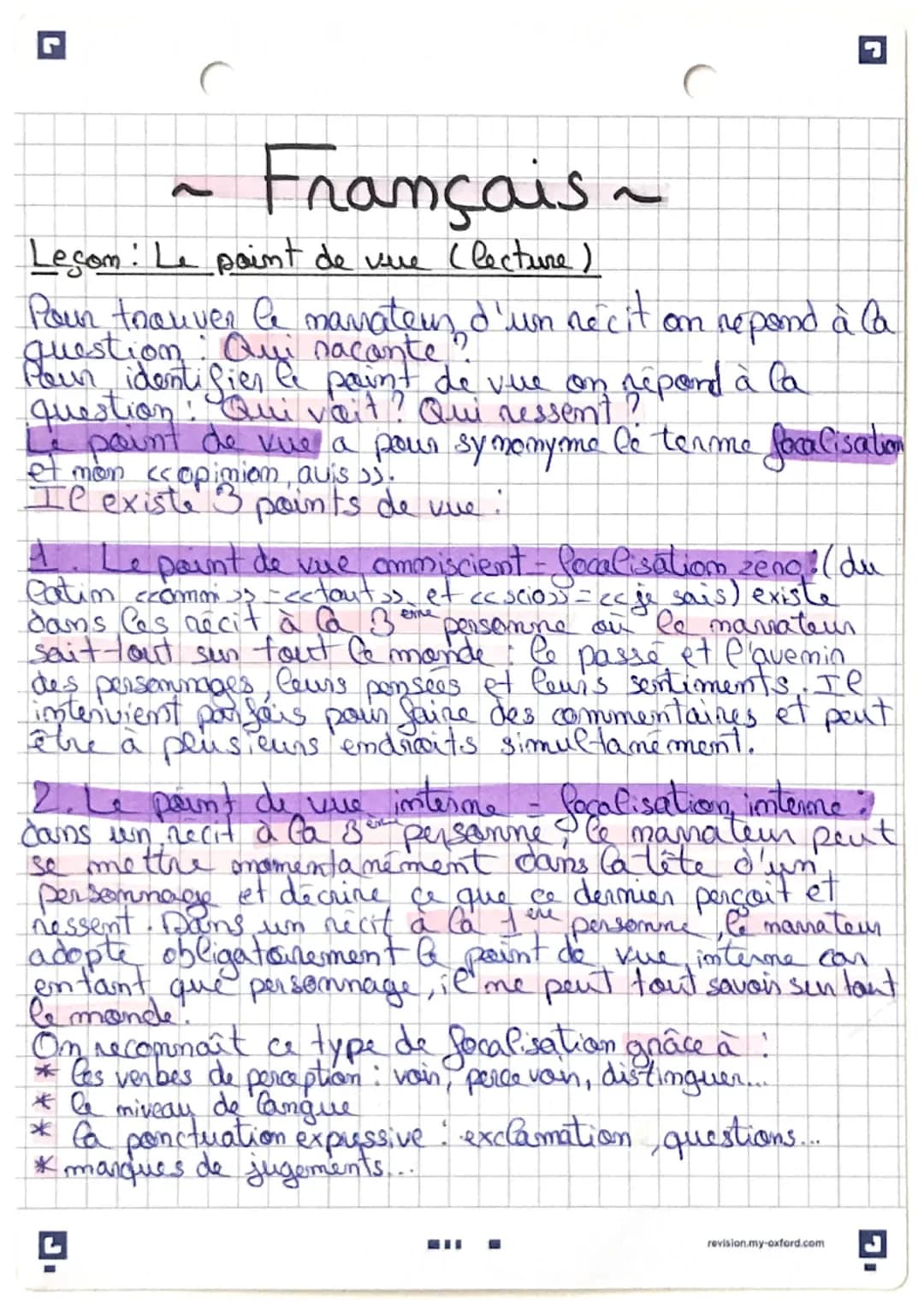 r
C
Français ~
Lesom: Le point de vue (lecture)
Pour trouver le mamater d'un récit om repond à la
question. Qui nacante
Pour identifier le p