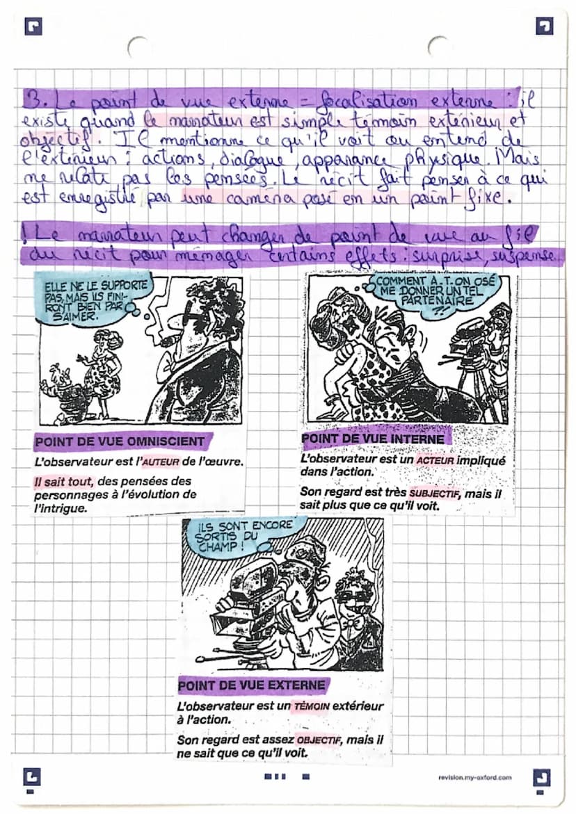 r
C
Français ~
Lesom: Le point de vue (lecture)
Pour trouver le mamater d'un récit om repond à la
question. Qui nacante
Pour identifier le p