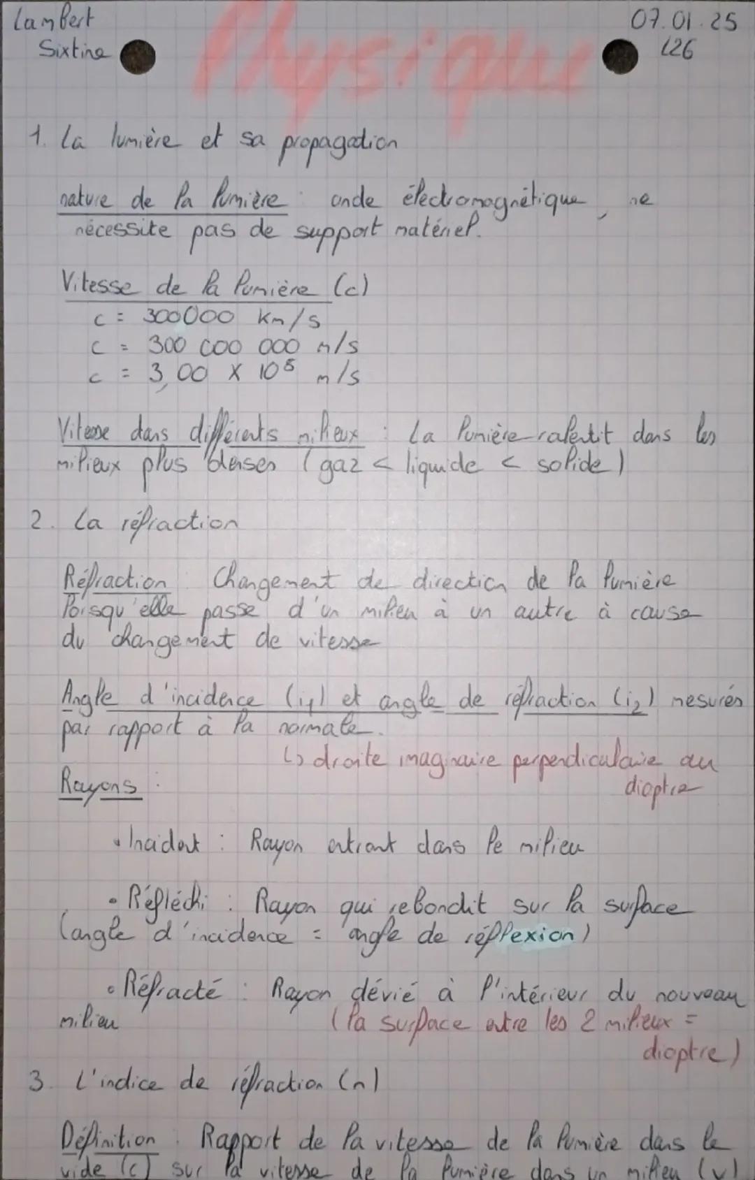 Lambert
Sixtine
07.01.25
126
1. La lumière et sa propagation
nature de la lumière onde électromagnétique, ne
nécessite pas de support maténe