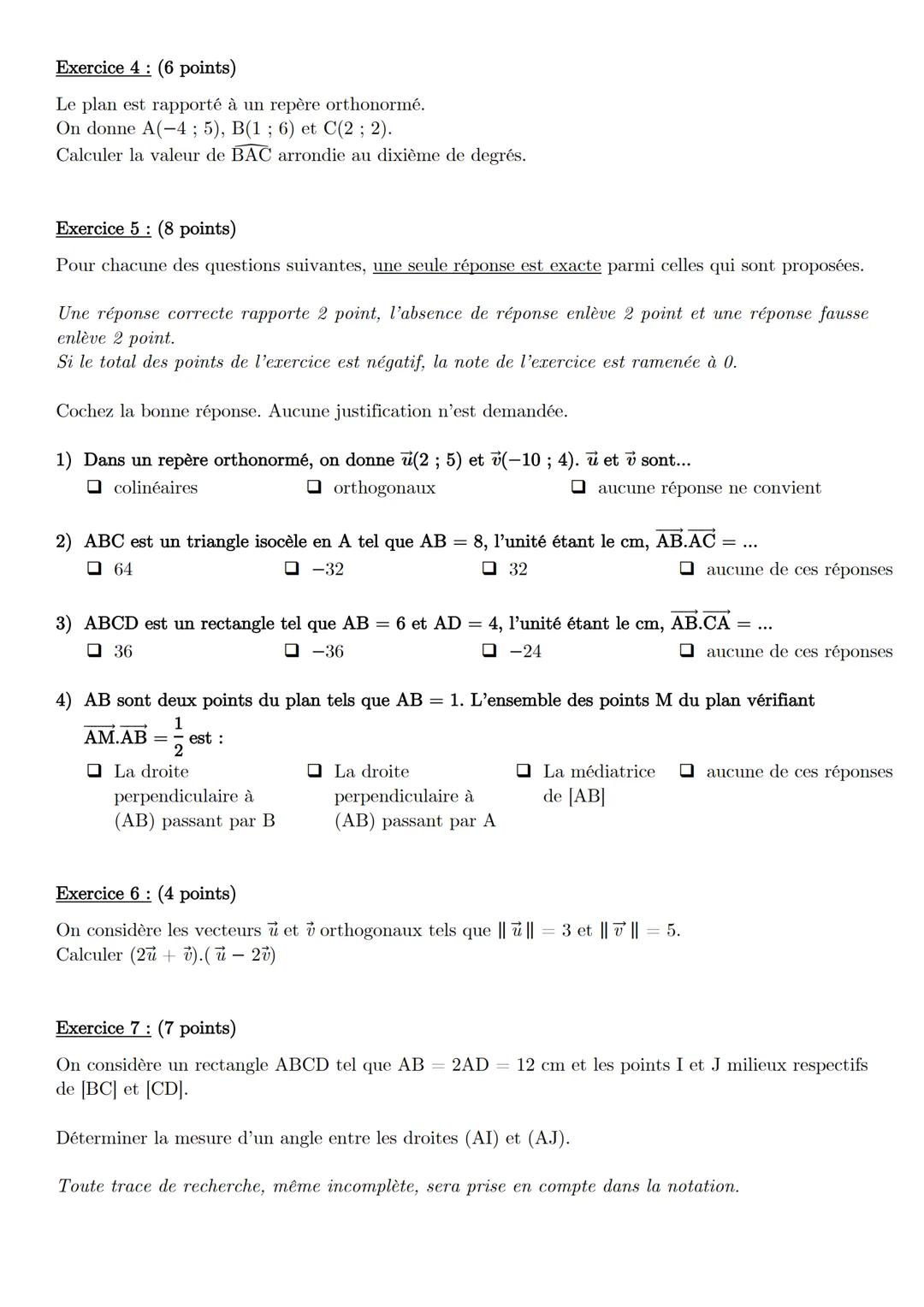 # DST de mathématiques - 1ère
## Chapitre 2 - Produit scalaire

Nom:

Remarques:

Note:

/40

Prénom:

/20

Classe: 1ère

Exercice 1: (6 poi