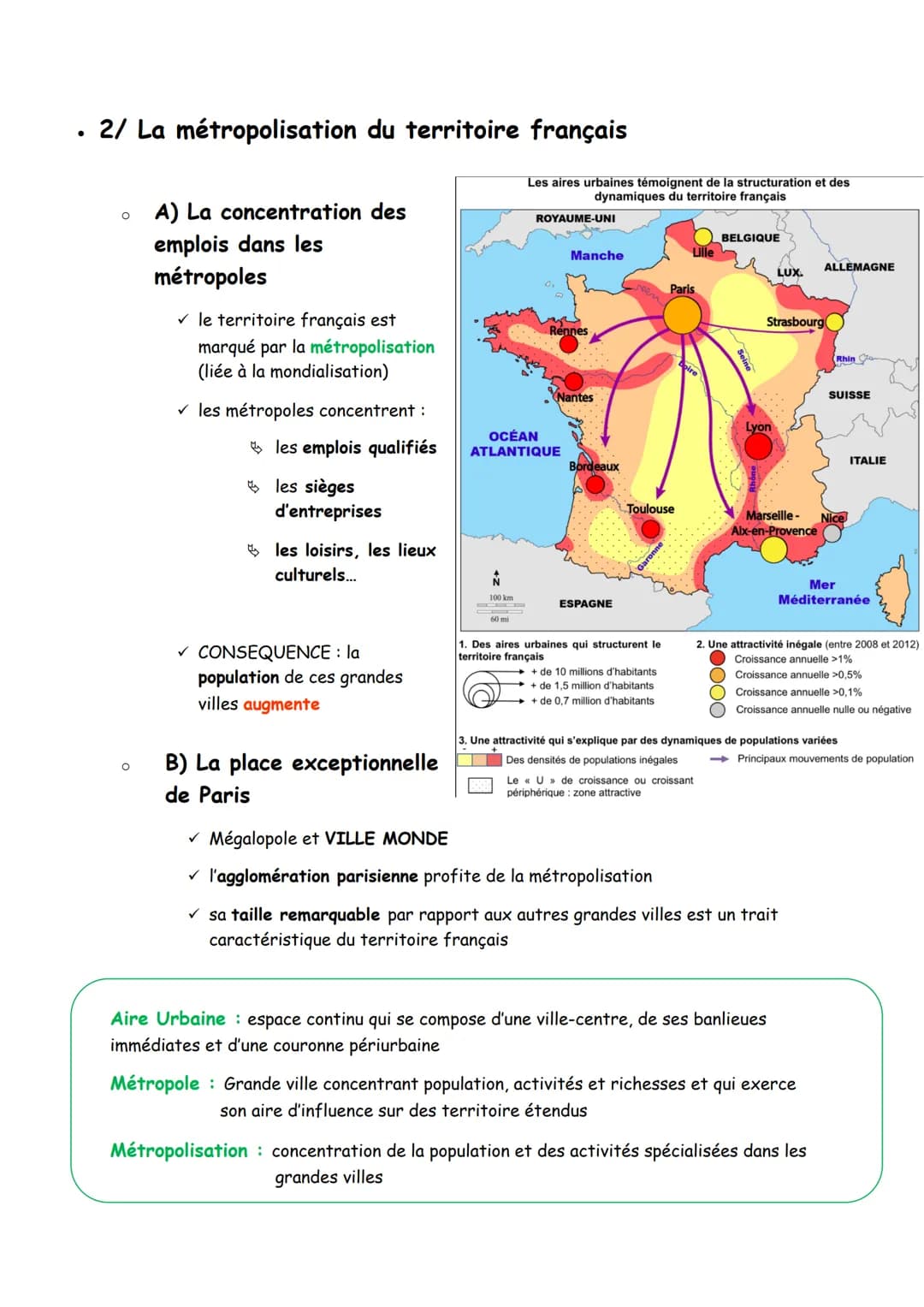 GEO1
1/ La croissance des villes sur le territoire français
O
LES AIRES URBAINES EN FRANCE
O
A) Une forte croissance urbaine
✓ depuis les an