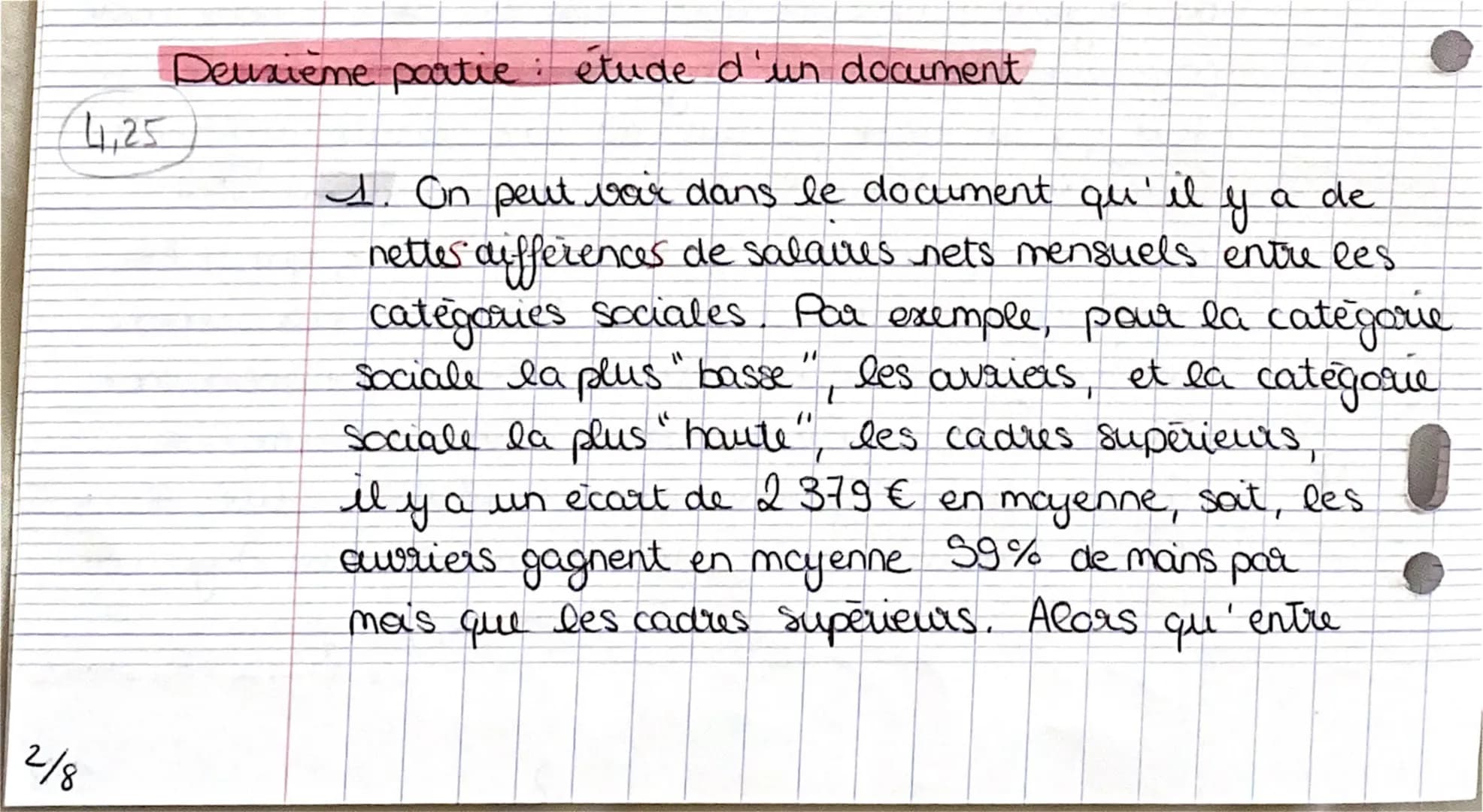 12/8
41,25
Deuxieme partie : etude d'un document
1. On peut vor dans le document qu'il
a de
y a
nettes differences de salaies nets mensuels 