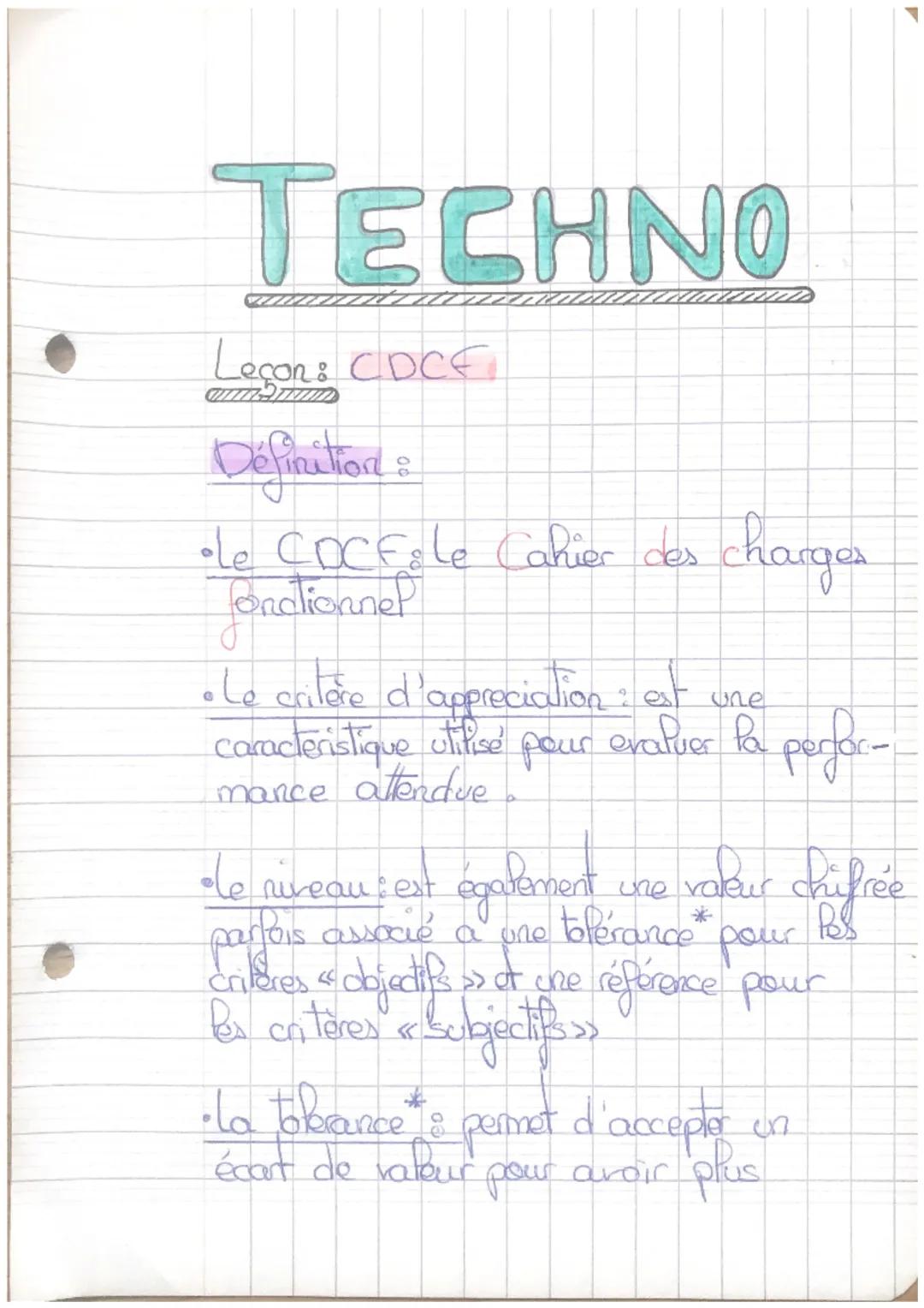 TECHNO
Leçon: CDCF
WIN-IND
Définition :
•le COCEsle Cahier des charges
fonctionnel
• Le critère d'appreciation est une
pour
caracteristique 