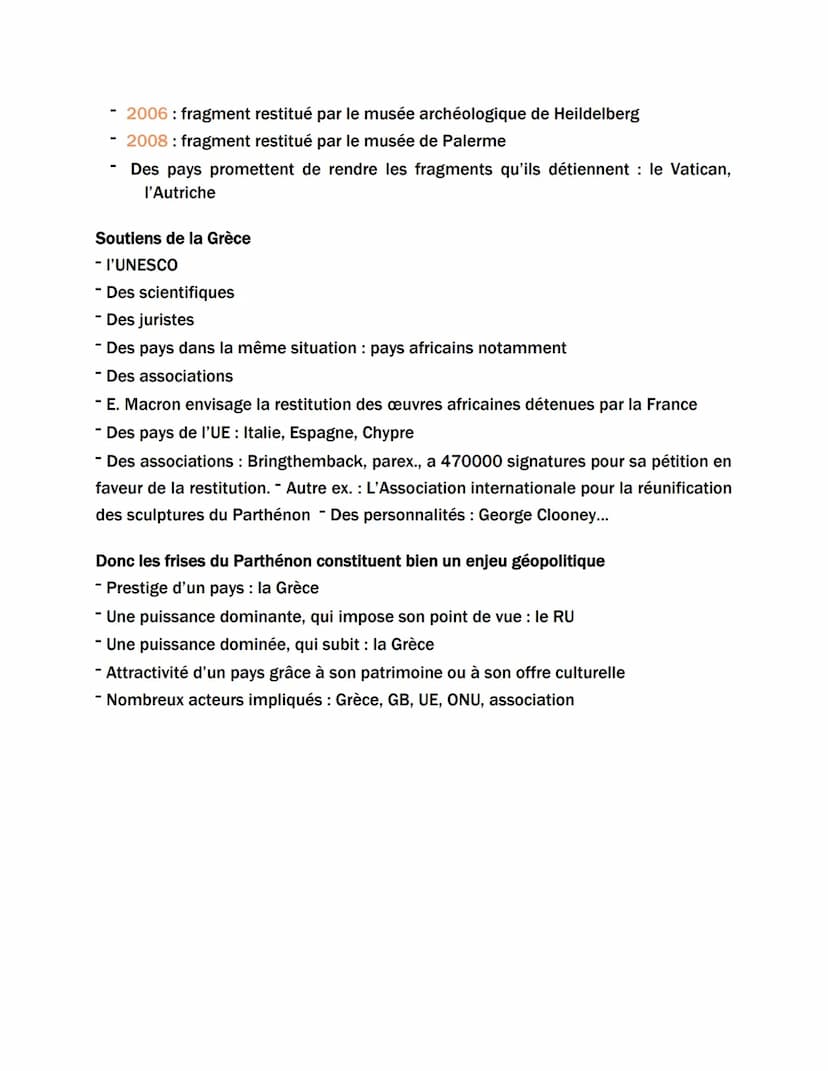 2- Conflits de patrimoine. Les frises du Parthénon depuis le XIXe siècle.
-> Le patrimoine peut générer des conflits. C'est le cas autour de