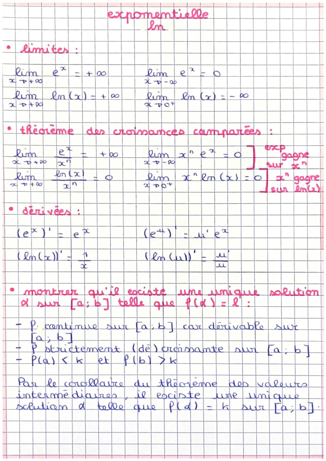# exponentielle
In

• limites:

$lim_{x \to +\infty} e^x = +\infty$

$lim_{x \to +\infty} ln (x) = +\infty$

$lim_{x \to -\infty} e^x = 0$


