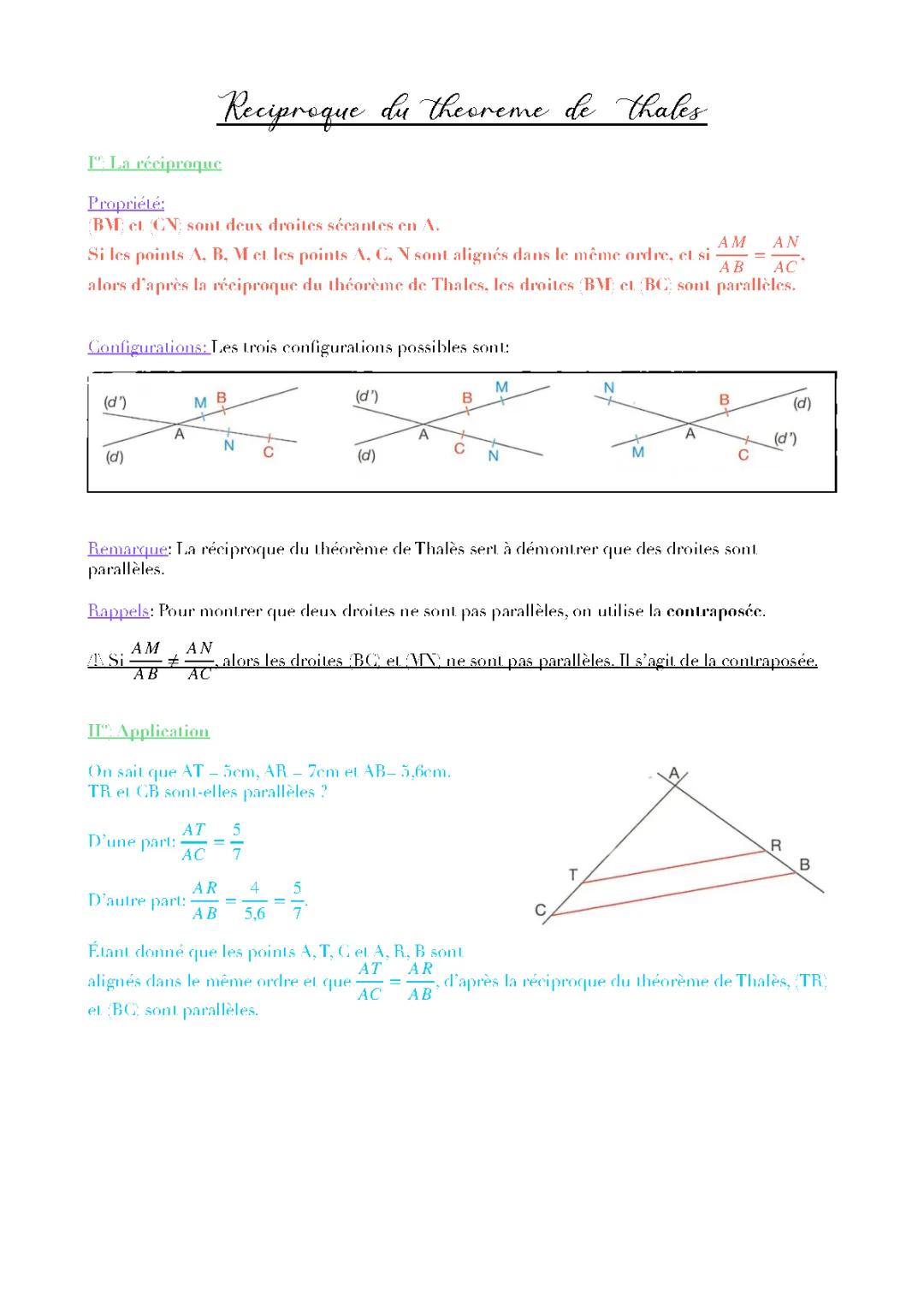 Théorème de Thalès et sa réciproque : Exercices pdf, Formules et Démonstrations