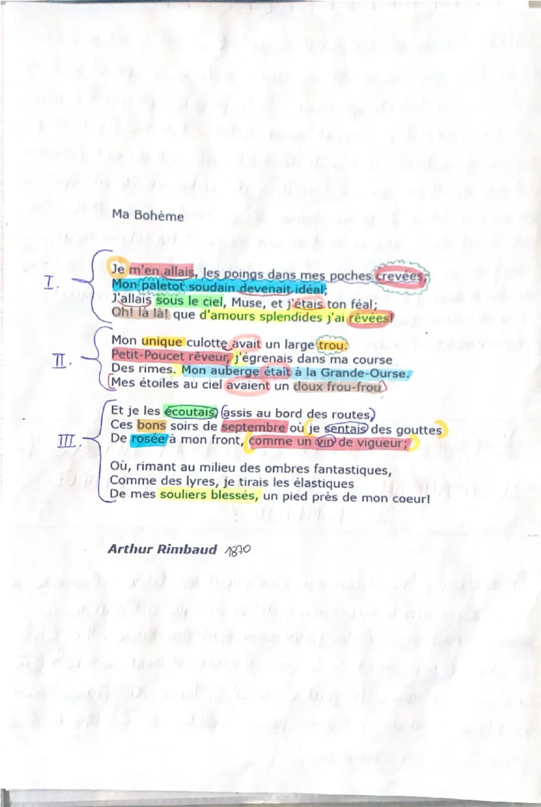 Ma Bohème
I.
II.
Ⅲ:
Je m'en allais, les poings dans mes poches crevées
Mon paletot soudain devenait idéal,
J'allais sous le ciel, Muse, et j