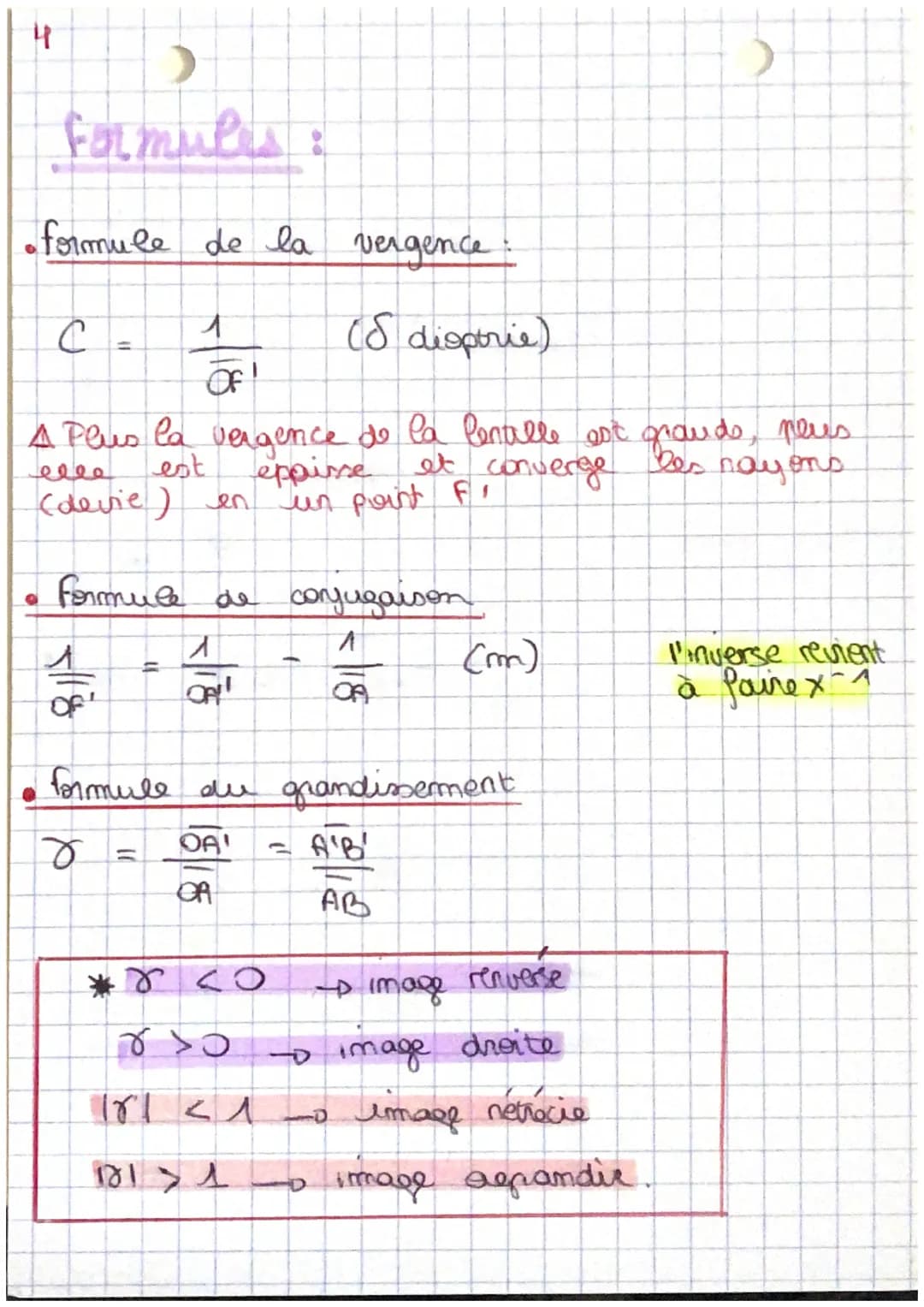 optique
olentille convergento (cas nammal)
B
F
F: point focale objet
・point focale image
F'
OF = f = DISTANCE focale objet
OF = g₁ = DISTANC