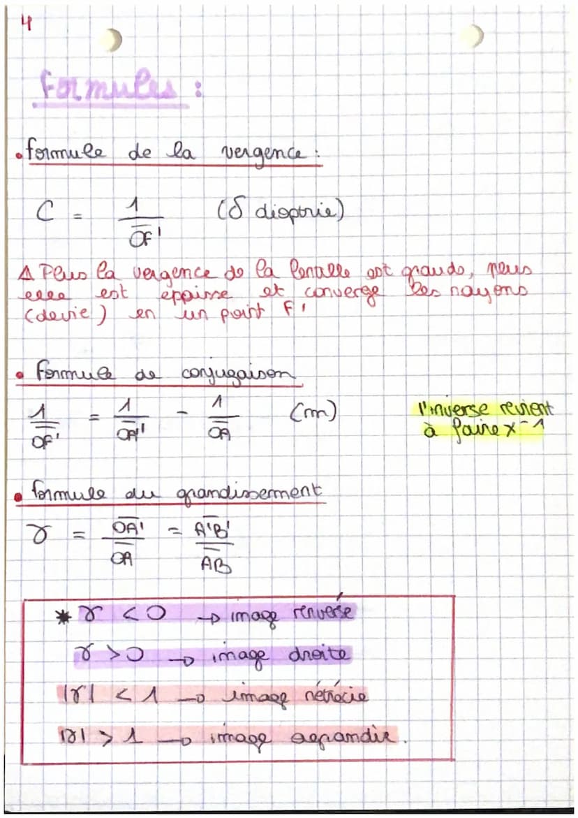 optique
olentille convergento (cas nammal)
B
F
F: point focale objet
・point focale image
F'
OF = f = DISTANCE focale objet
OF = g₁ = DISTANC