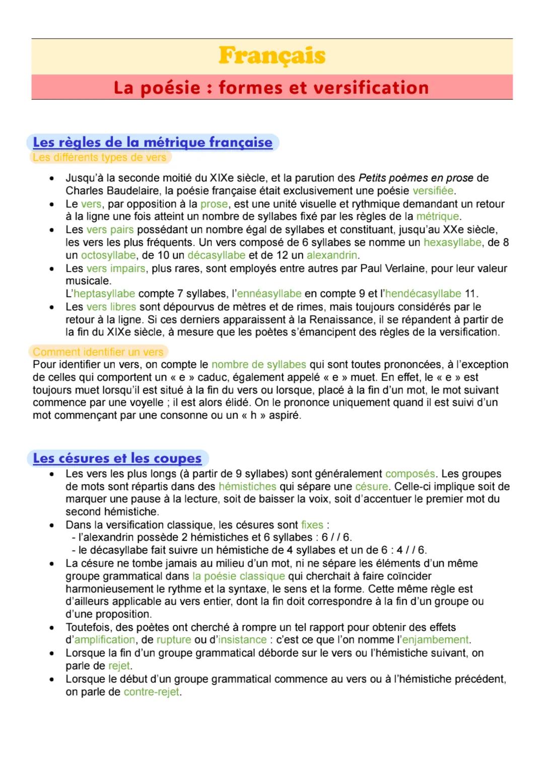 # Français

La poésie: formes et versification

Les règles de la métrique française
Les différents types de vers

- Jusqu'à la seconde moiti
