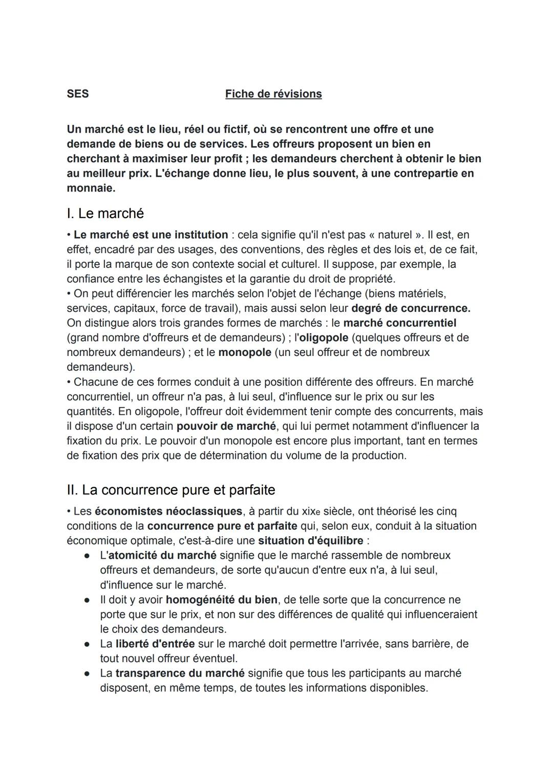 SES
Fiche de révisions
Un marché est le lieu, réel ou fictif, où se rencontrent une offre et une
demande de biens ou de services. Les offreu