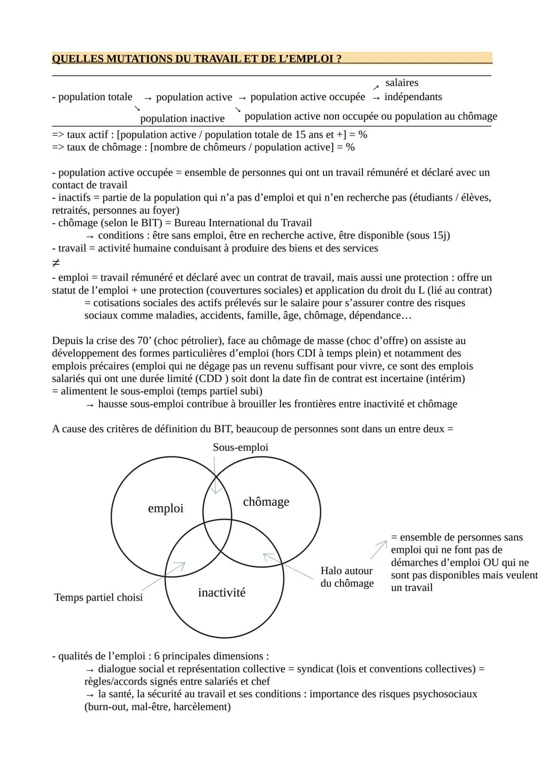 QUELLES MUTATIONS DU TRAVAIL ET DE L'EMPLOI ?
- population totale population active
population inactive
=> taux actif : [population active /