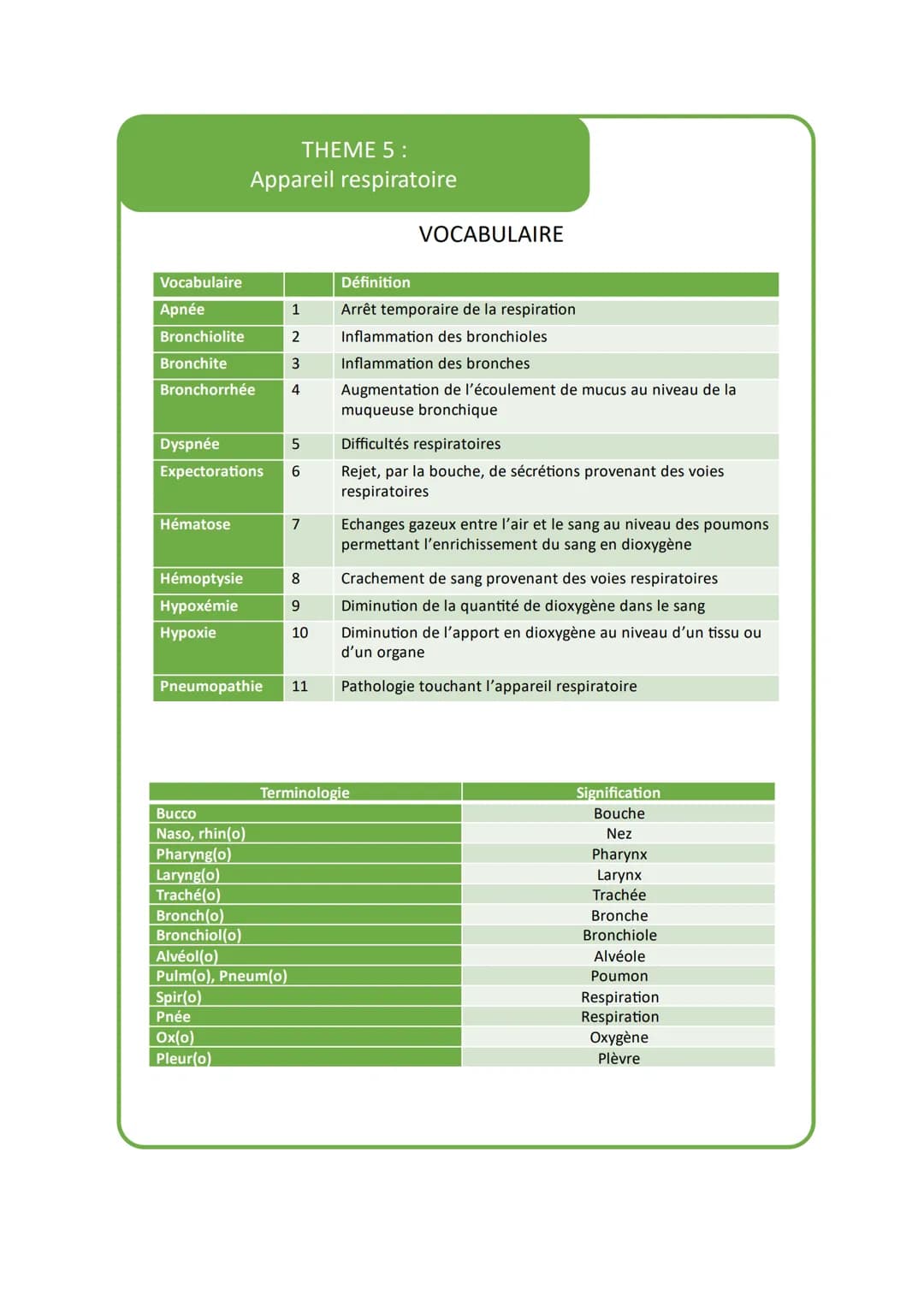 THEME 5:
Appareil respiratoire
VOCABULAIRE
Vocabulaire
Apnée
1
Bronchiolite
2
Définition
Arrêt temporaire de la respiration
Inflammation des