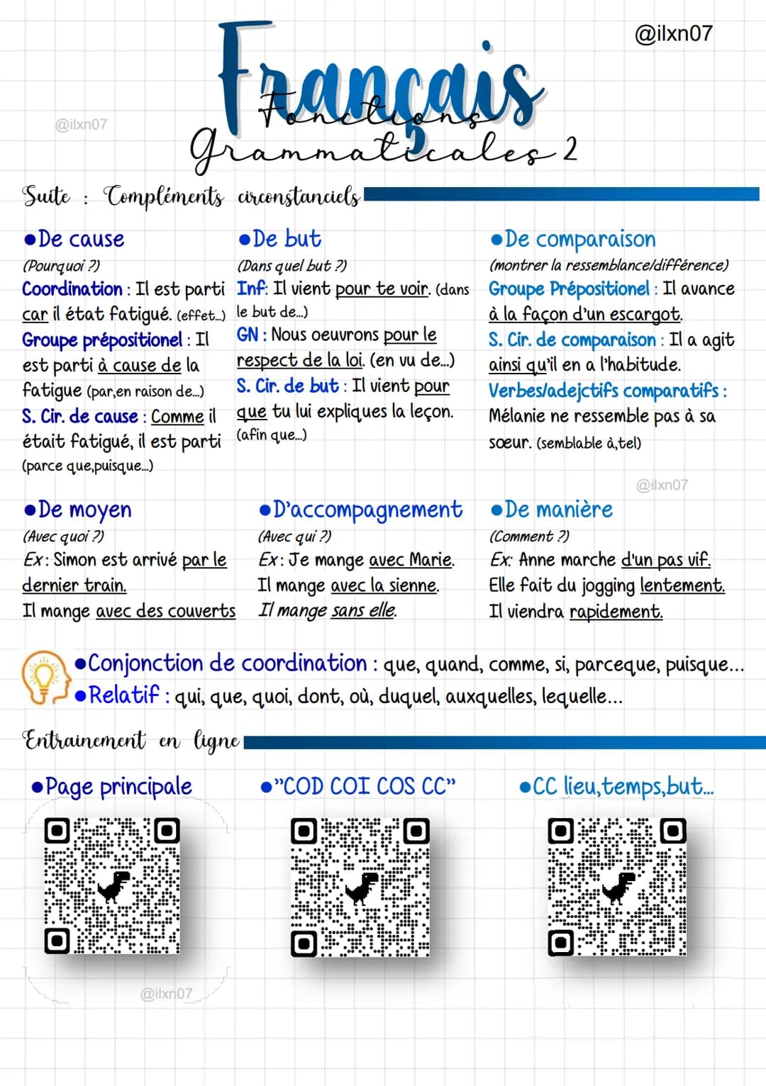 @ilxn07
Suite Compléments circonstanciels
●De but
(Dans quel but ?)
Inf: Il vient pour te voir. (dans
le but de....)
GN: Nous oeuvrons pour 