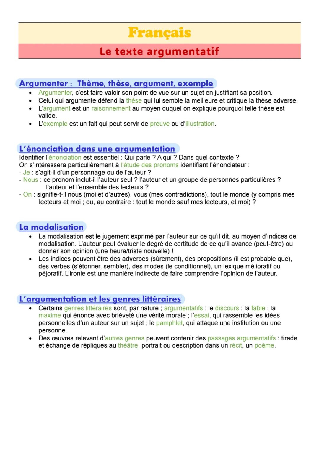 Français
Le texte argumentatif
Argumenter: Thème, thèse, argument, exemple
• Argumenter, c'est faire valoir son point de vue sur un sujet en