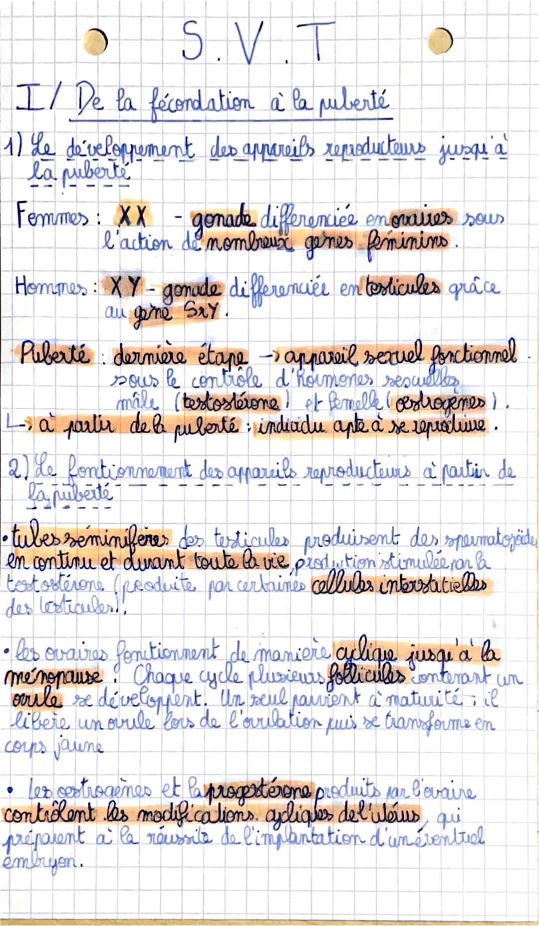 O
S.V.T
I/ De la fécondation à la puberté
1) Le développement des appareils reproducteurs jusqu'a
la puberté
Femmes: XX - gonade differencié