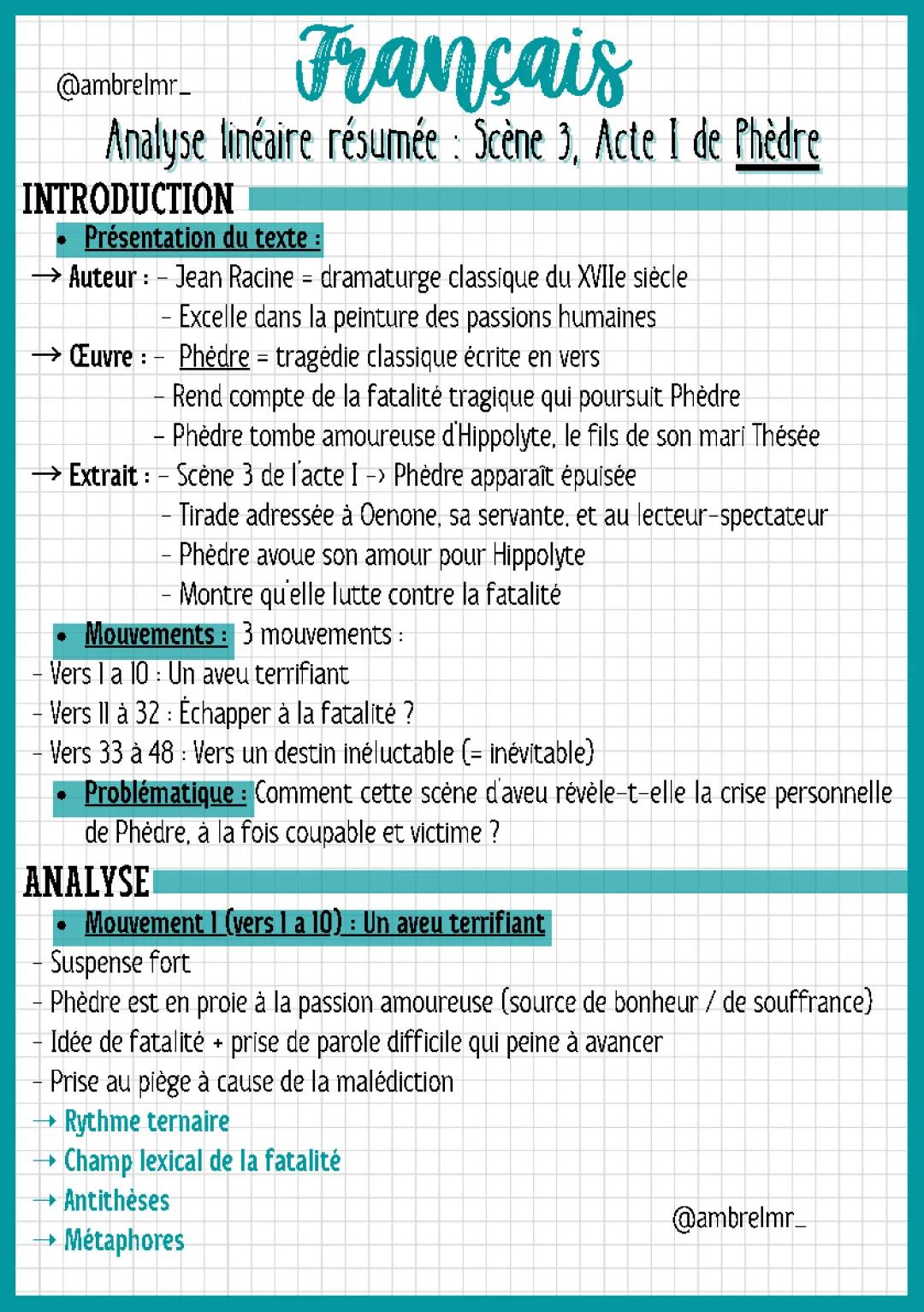 Phèdre Acte 1 Scène 3 - Analyse Linéaire et Résumé PDF