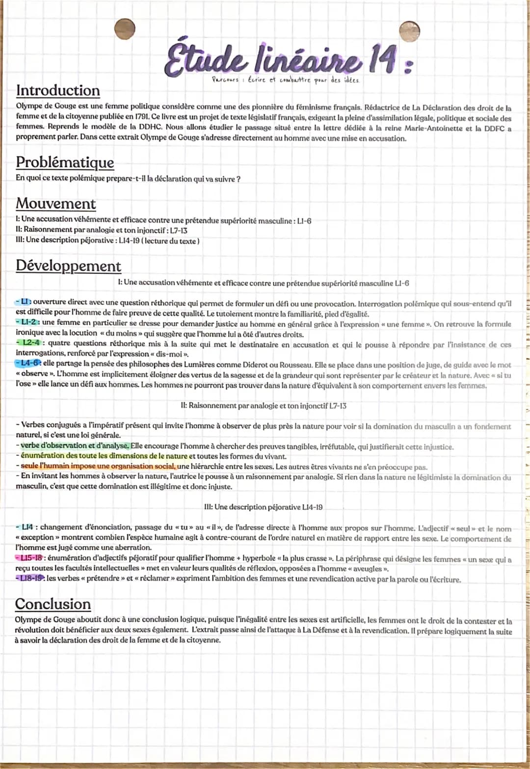 Étude linéaire 14:
Parcours Ecrire et combattre pour des idées.
Introduction
Olympe de Gouge est une femme politique considère comme une des