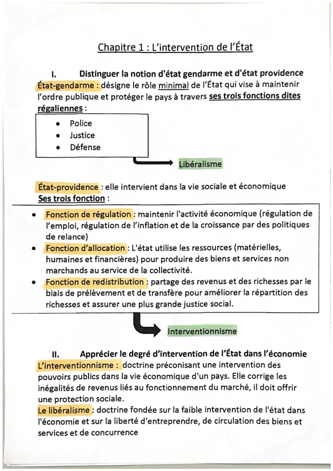 Chapitre 1 : L'intervention de l'État
I.
Distinguer la notion d'état gendarme et d'état providence
État-gendarme : désigne le rôle minimal d