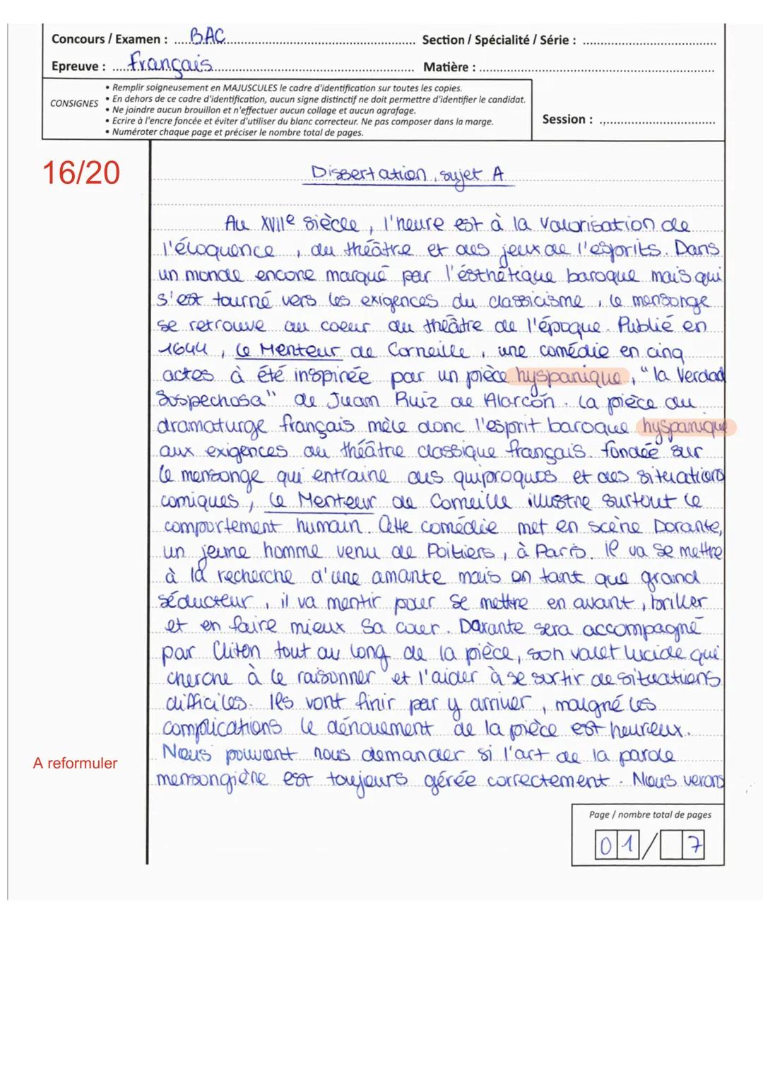 Concours / Examen: BAC
Epreuve: français...
CONSIGNES
Section/ Spécialité / Série:
Matière:
• Remplir soigneusement en MAJUSCULES le cadre d