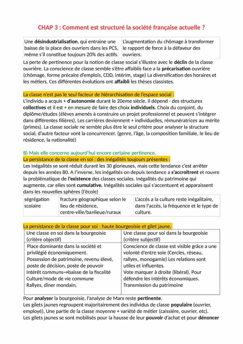 CHAP 3: Comment est structuré la société française actuelle ?
Les inégalités sont fortes et continue d'augmenter du fait de la hausse des re