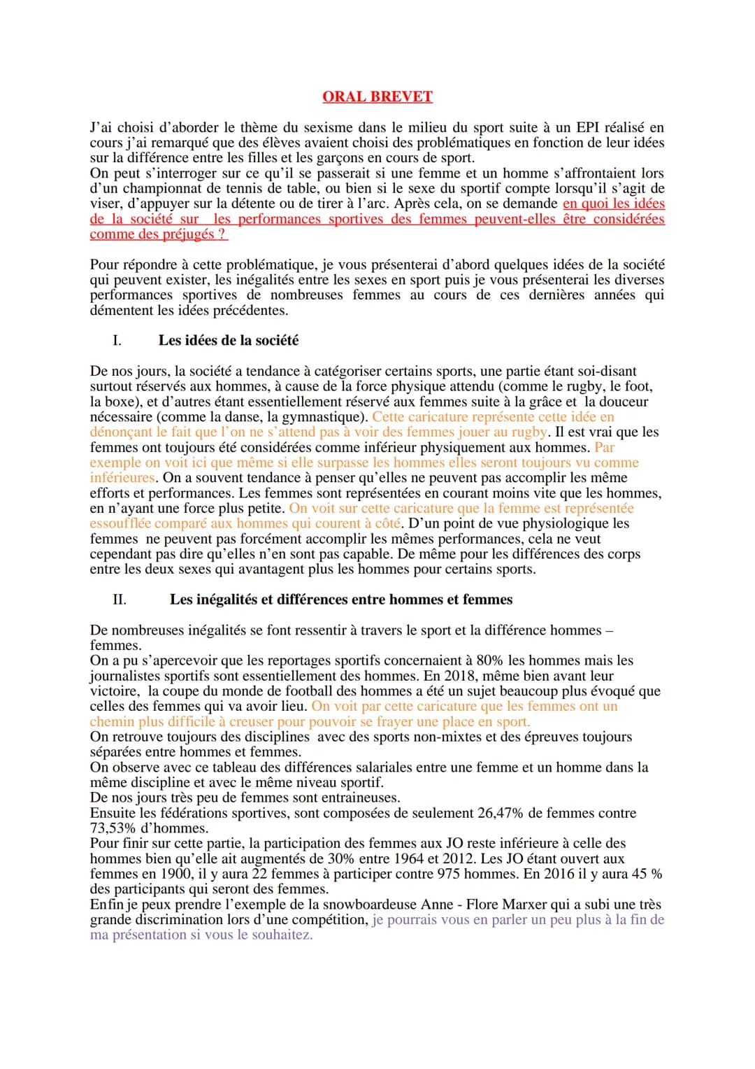 ORAL BREVET
J'ai choisi d'aborder le thème du sexisme dans le milieu du sport suite à un EPI réalisé en
cours j'ai remarqué que des élèves a
