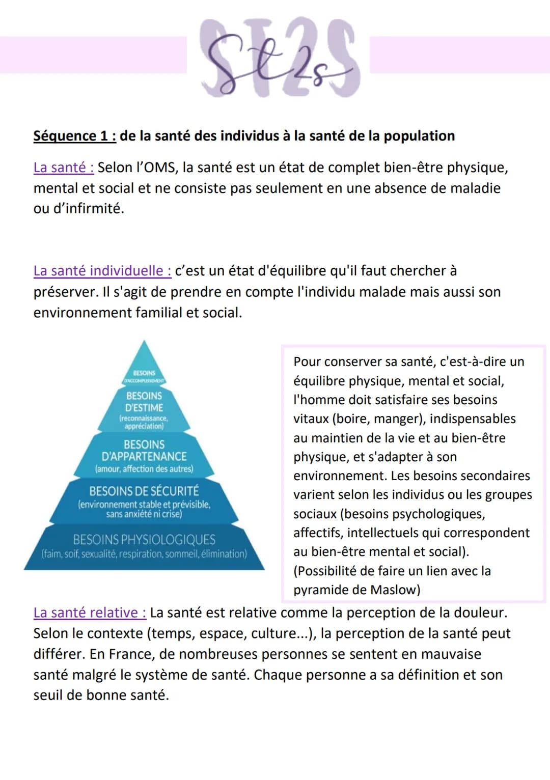 Séquence 1 : de la santé des individus à la santé de la population
La santé : Selon l'OMS, la santé est un état de complet bien-être physiqu
