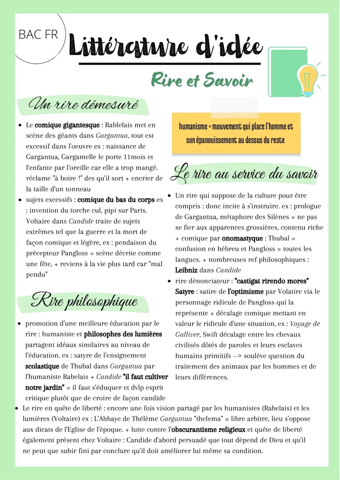 BAC FR
Littérature d'idée
Rire et Savoir
Un rire démesuré
• Le comique gigantesque : Rablelais met en
scène des géants dans Gargantua, tout 
