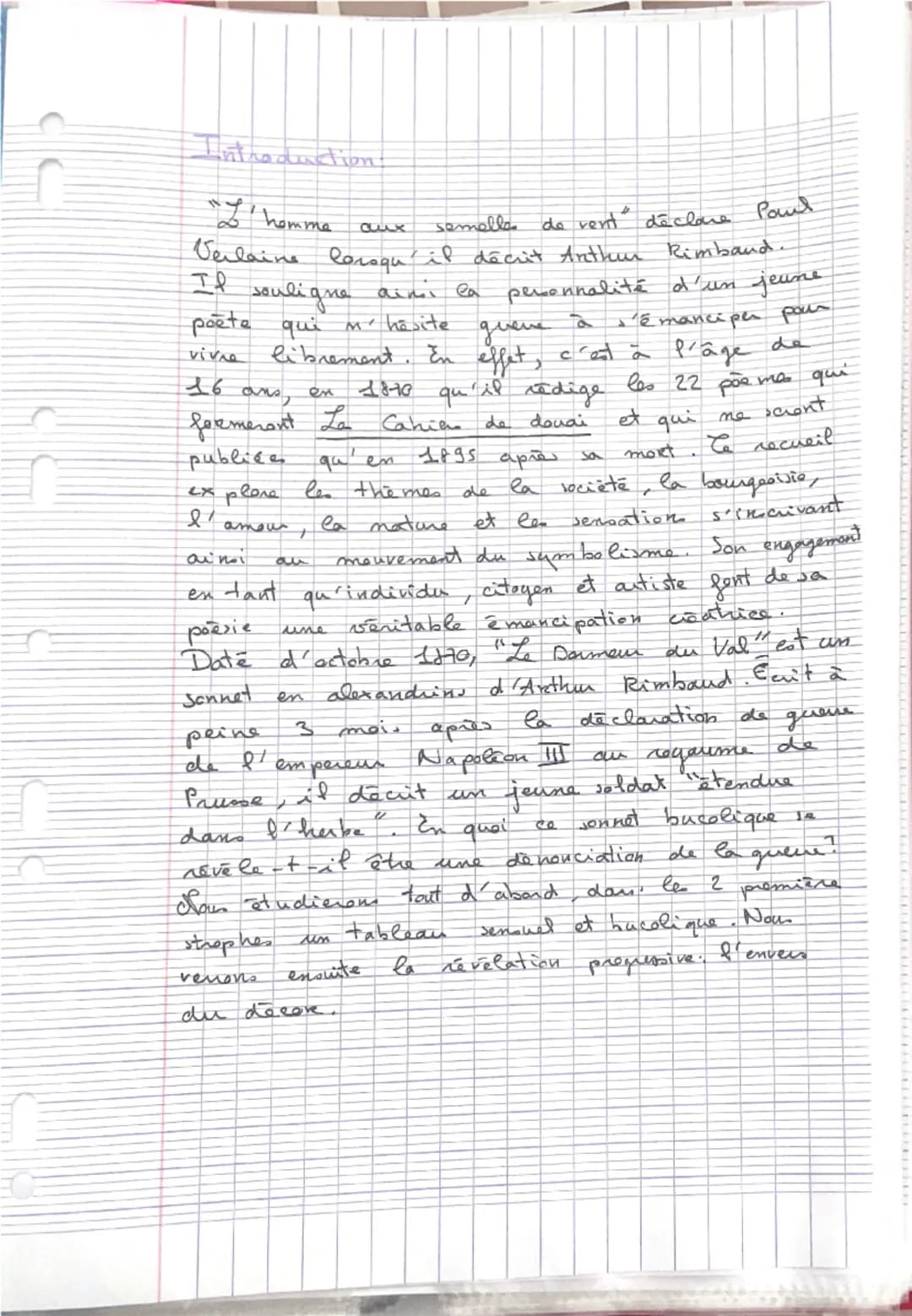 Le dormeur du val
C'est un trou de verdure où chante une rivière
Accrochant follement aux herbes des haillons
D'argent; où le soleil, de la 