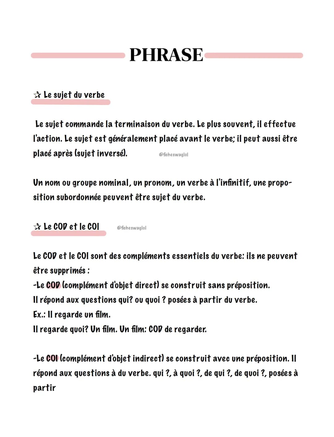 Le sujet du verbe
PHRASE
Le sujet commande la terminaison du verbe. Le plus souvent, il effectue
l'action. Le sujet est généralement placé a