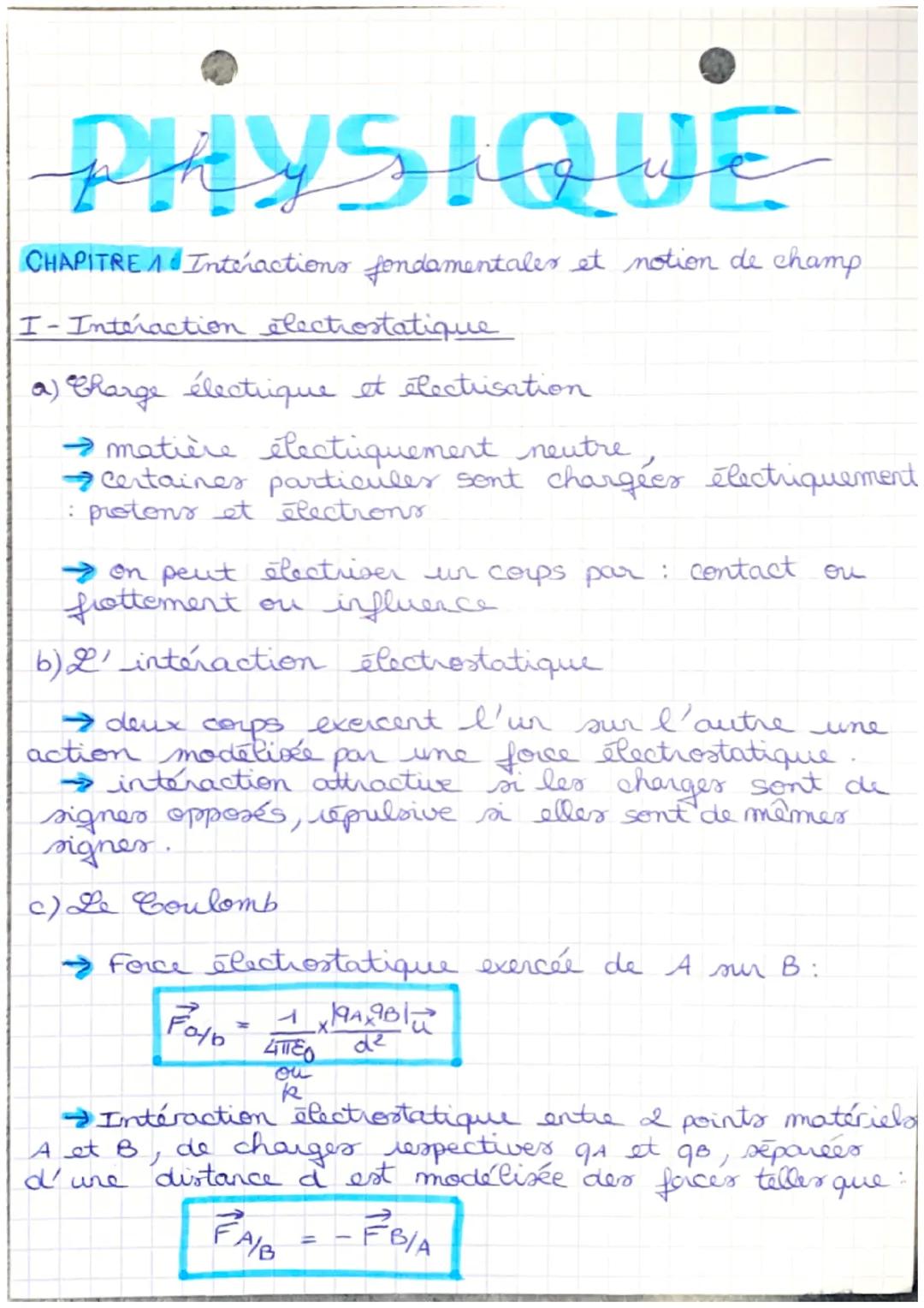 PHYSIQUE
CHAPITRE 1 Interactions fondamentales et notion de champ
I-Interaction électrostatique
a) Charge électrique et électrisation
→ mati