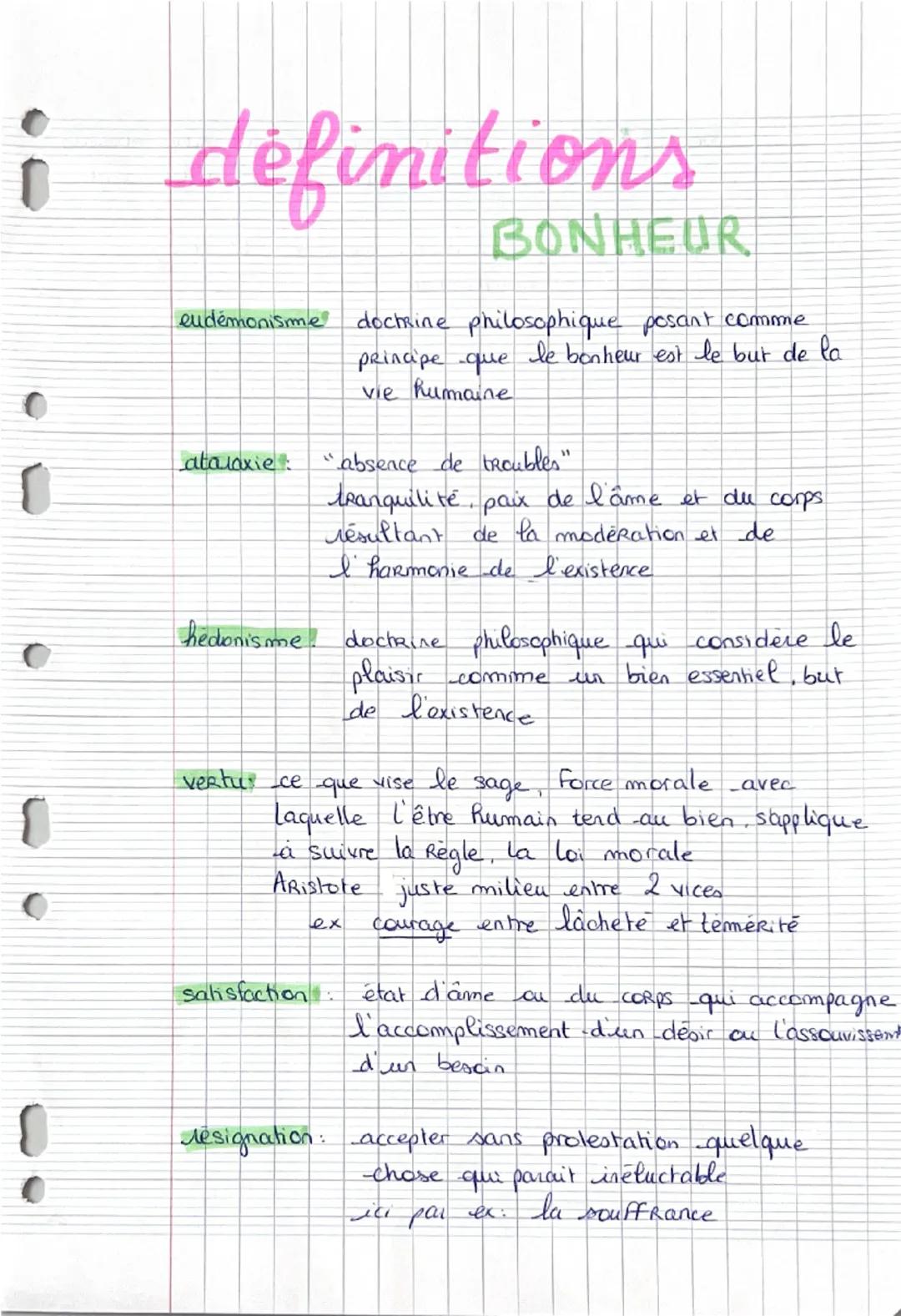 --- OCR Start ---
0
0
Bonheur
-définition: état durable de complète satisfaction, qui s'oppose
au malheur et à la souffrance
# plaisir → éph