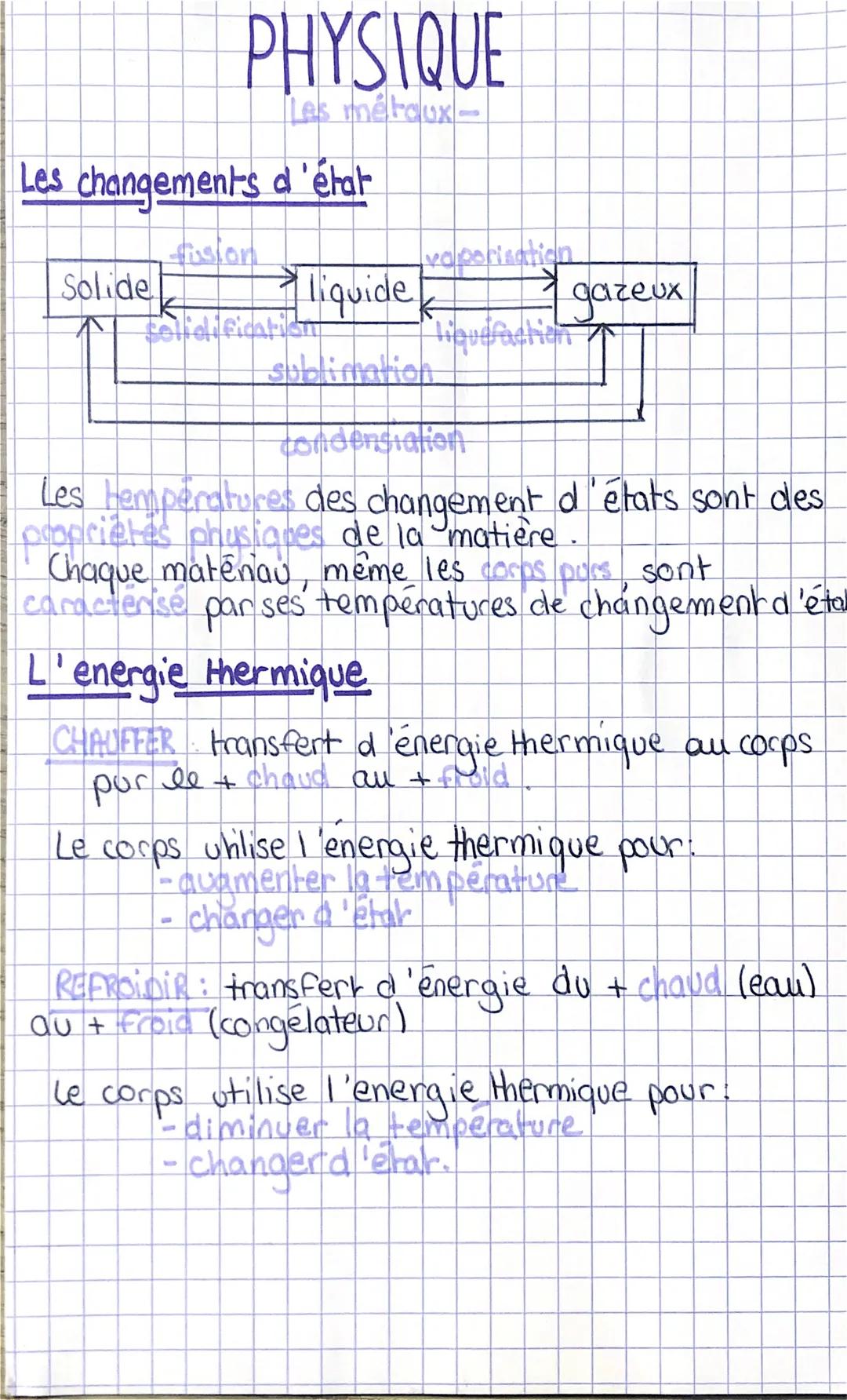 PHYSIQUE
Les métaux-
Les changements d'état
Solide
liquide
Felidification
vaporization
gazeux
condensiation
Les Hemperatures des changement 