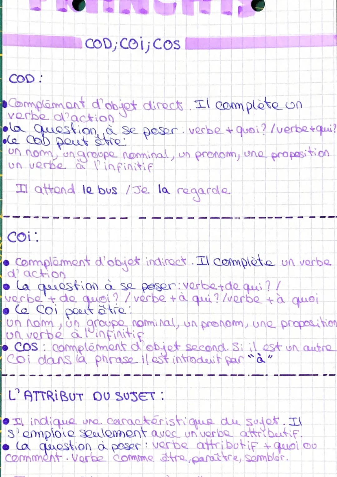 COD:
COD, COI; Cos
●Complément d'objet direct. Il complète un
verbe d'action
·la question à se poser: verbe + quoi? /verbe+qui?
ole cob peut