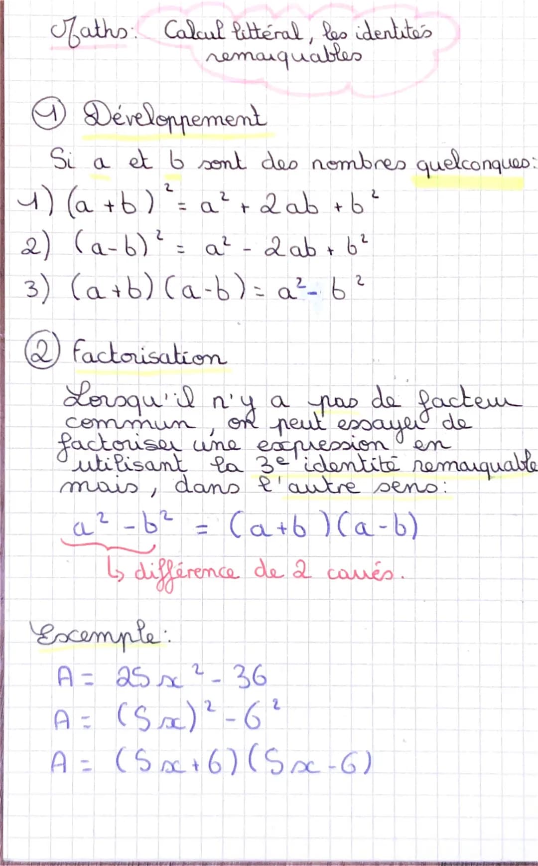 faths: Calcul littéral, les identites
remarquables
9 Développement
Si a et b sont des nombres quelconques:
a ² + 2ab + b ²
2
4) (a + b) ² =
