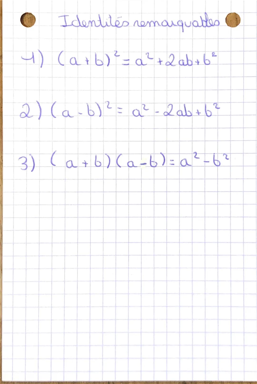 faths: Calcul littéral, les identites
remarquables
9 Développement
Si a et b sont des nombres quelconques:
a ² + 2ab + b ²
2
4) (a + b) ² =
