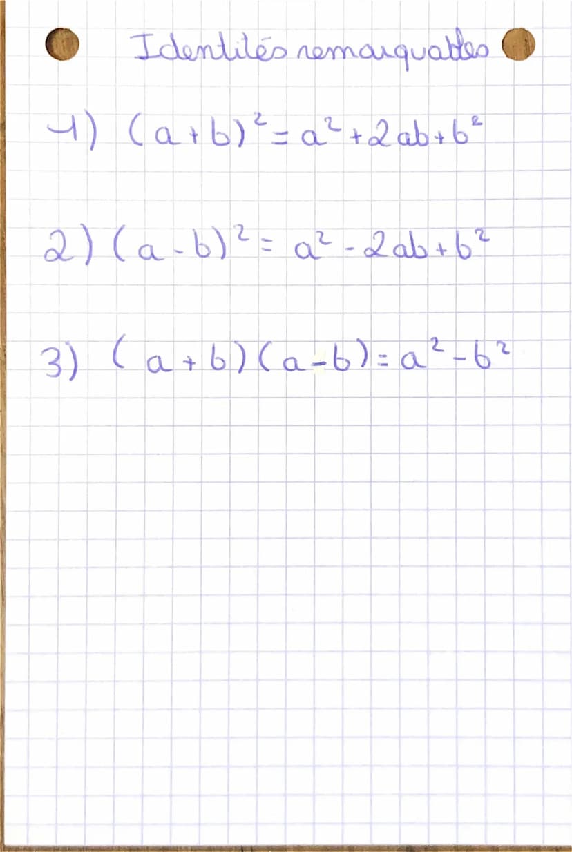 faths: Calcul littéral, les identites
remarquables
9 Développement
Si a et b sont des nombres quelconques:
a ² + 2ab + b ²
2
4) (a + b) ² =
