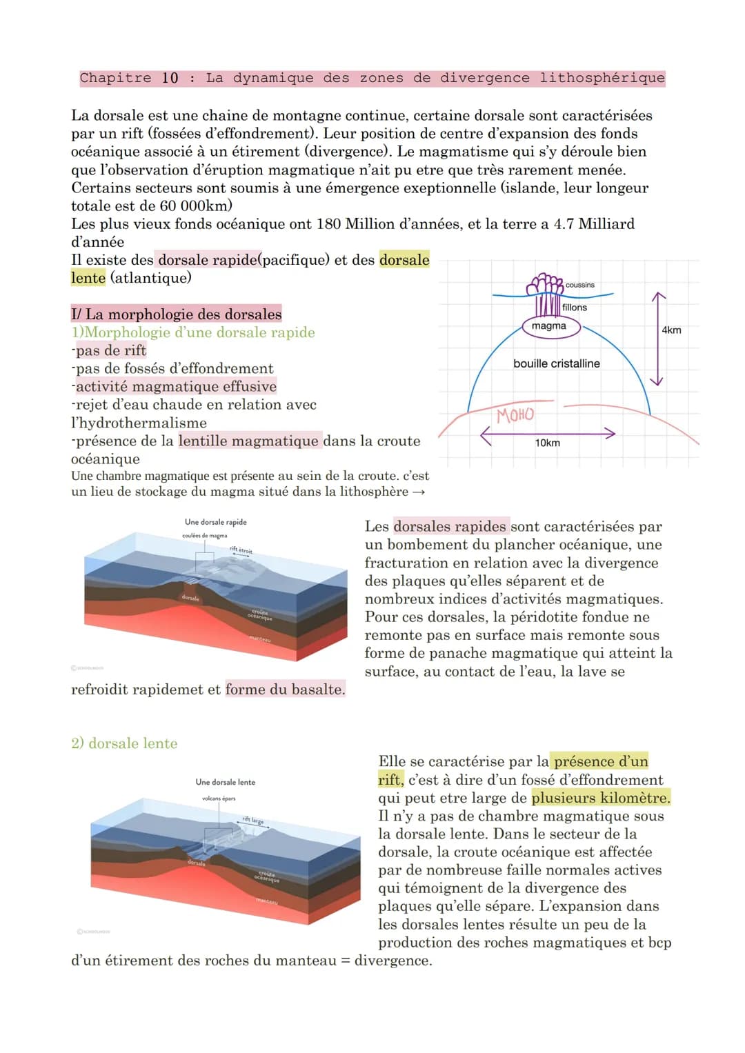 Chapitre 10: La dynamique des zones de divergence lithosphérique
La dorsale est une chaine de montagne continue, certaine dorsale sont carac