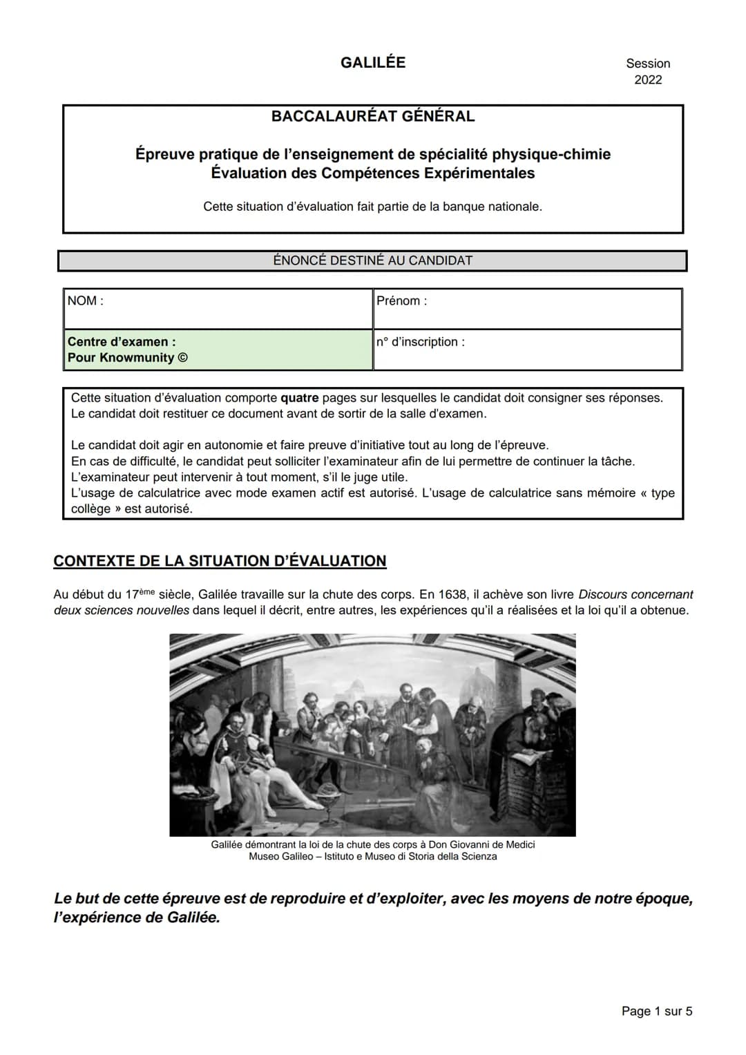 NOM :
GALILÉE
BACCALAURÉAT GÉNÉRAL
Épreuve pratique de l'enseignement de spécialité physique-chimie
Évaluation des Compétences Expérimentale